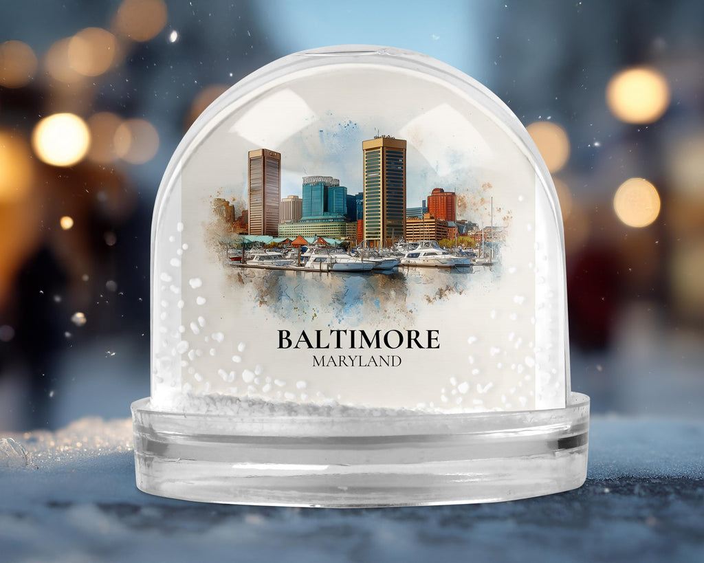 Baltimore Maryland Snow Globe, Personalized Watercolor, Custom Travel Souvenir Keepsake City Dome