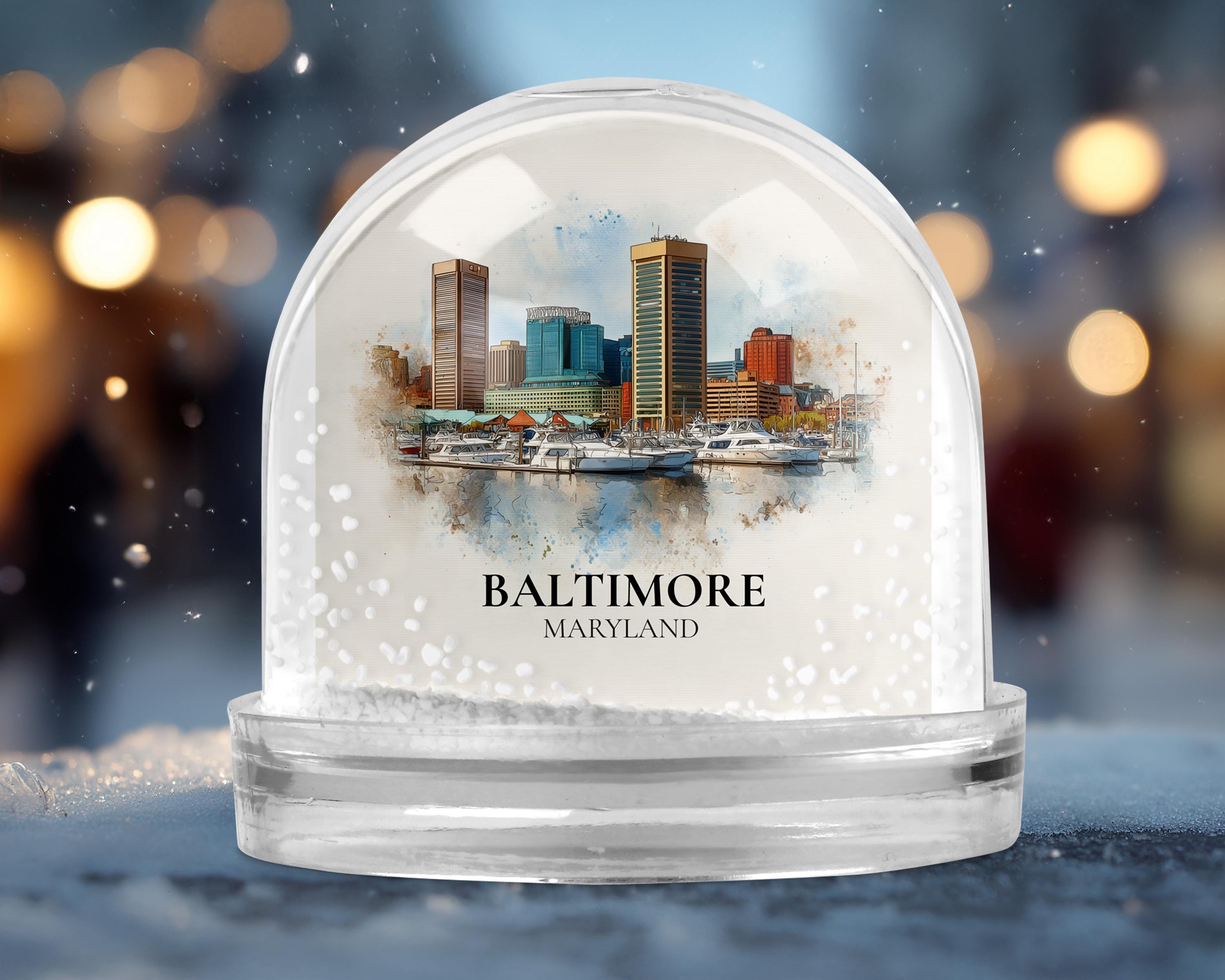 Baltimore Maryland Snow Globe, Personalized Watercolor, Custom Travel Souvenir Keepsake City Dome
