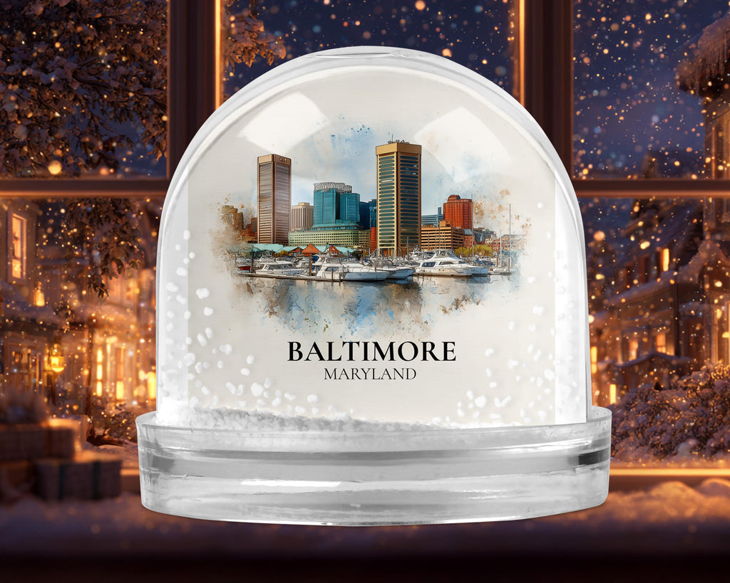 Baltimore Maryland Snow Globe, Personalized Watercolor, Custom Travel Souvenir Keepsake City Dome