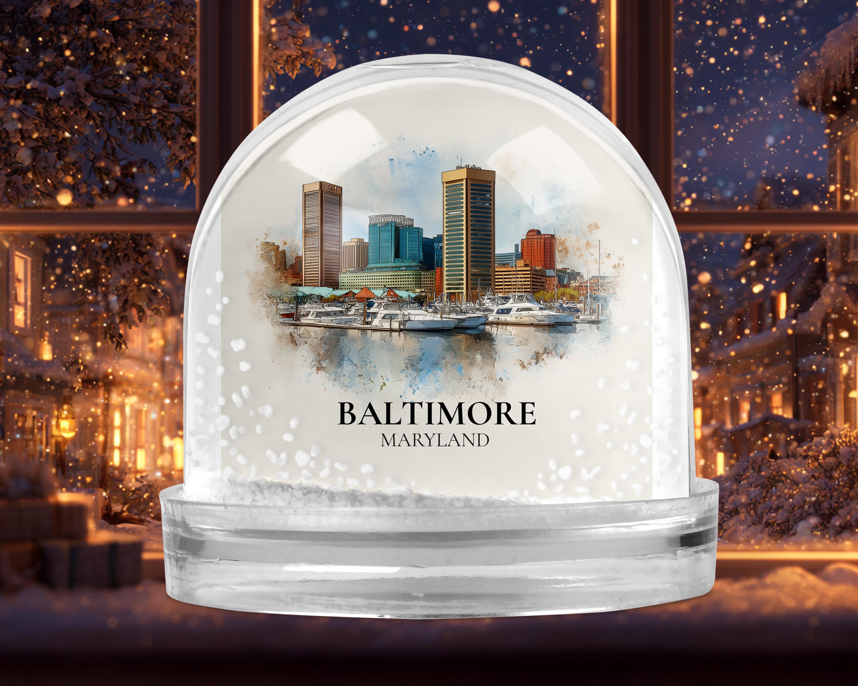 Baltimore Maryland Snow Globe, Personalized Watercolor, Custom Travel Souvenir Keepsake City Dome