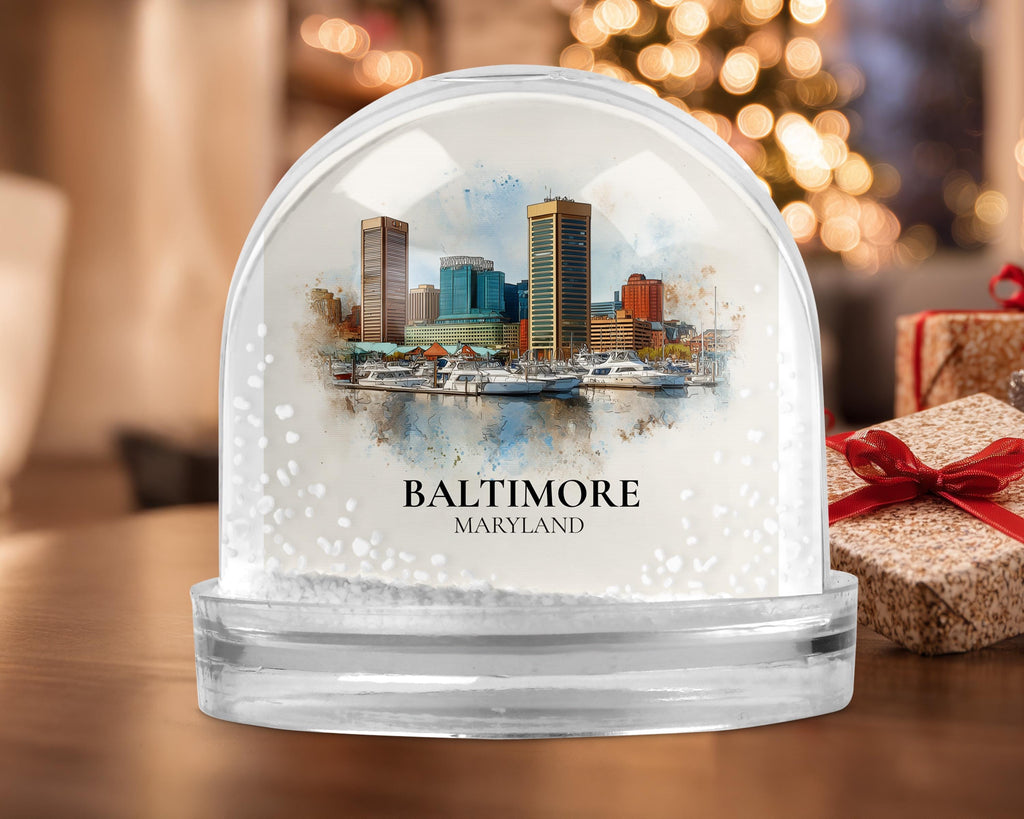 Baltimore Maryland Snow Globe, Personalized Watercolor, Custom Travel Souvenir Keepsake City Dome