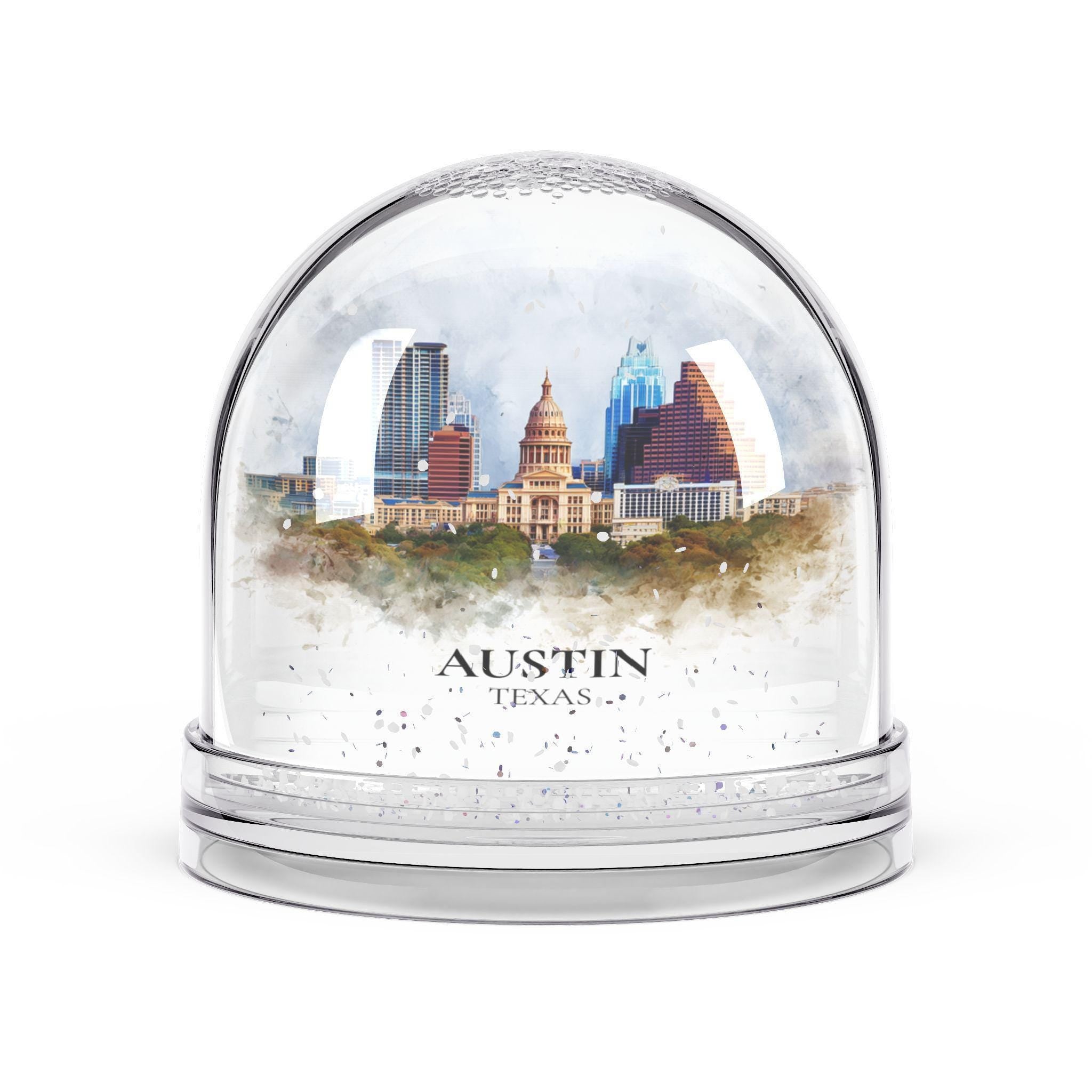 Austin Texas Snow Globe, Personalized Watercolor, Custom Travel Souvenir Keepsake City Dome