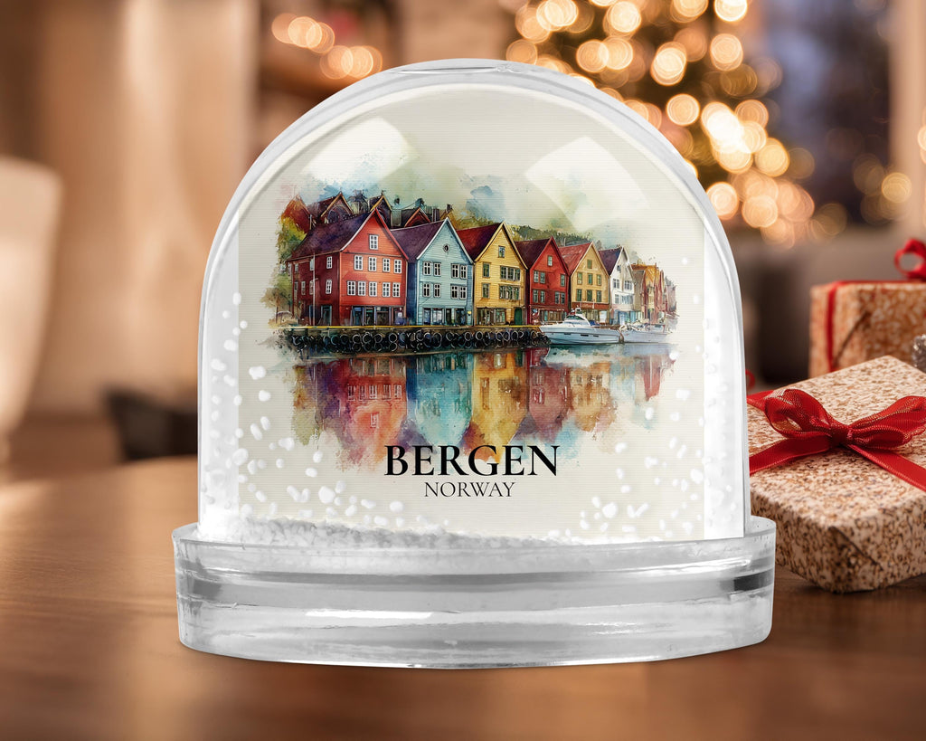 Bergen Norway Snow Globe, Personalized Watercolor, Custom Travel Souvenir Keepsake City Dome