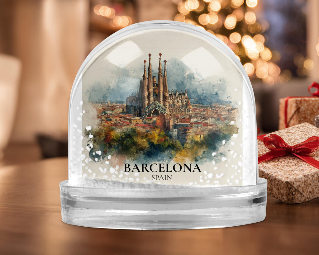 Barcelona Spain Snow Globe, Personalized Watercolor, Custom Travel Souvenir Keepsake City Dome