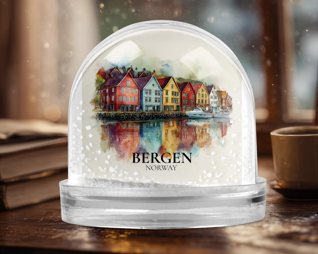 Bergen Norway Snow Globe, Personalized Watercolor, Custom Travel Souvenir Keepsake City Dome
