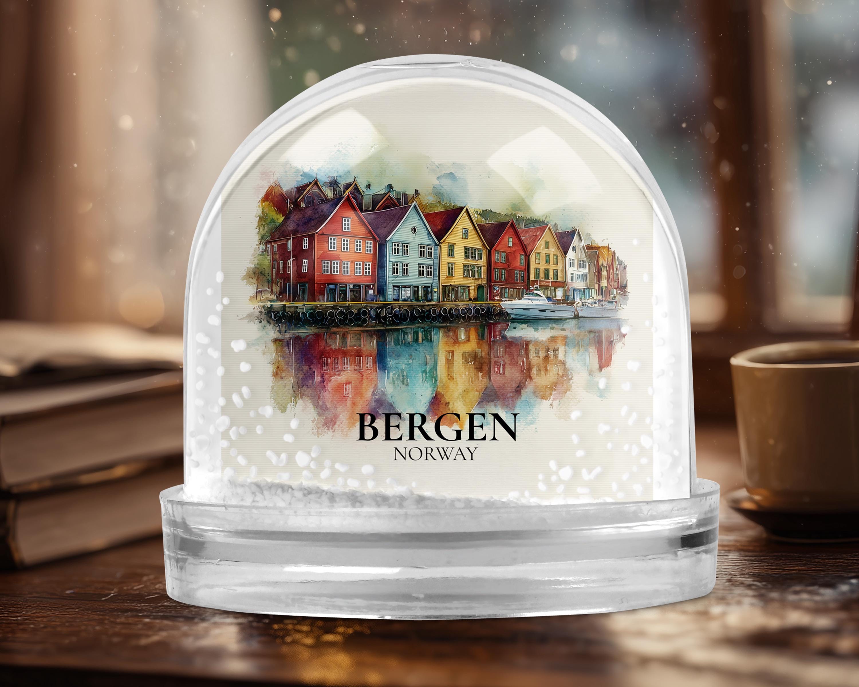 Bergen Norway Snow Globe, Personalized Watercolor, Custom Travel Souvenir Keepsake City Dome