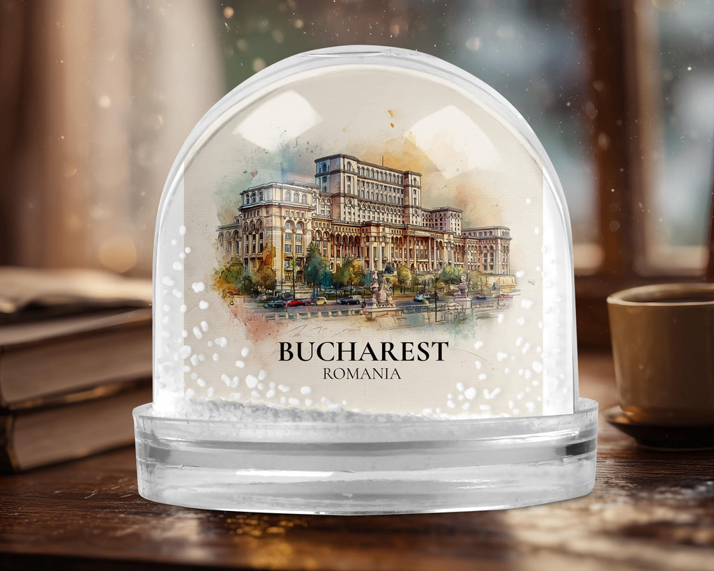 Bucharest Romania Snow Globe, Personalized Watercolor, Custom Travel Souvenir Keepsake City Dome
