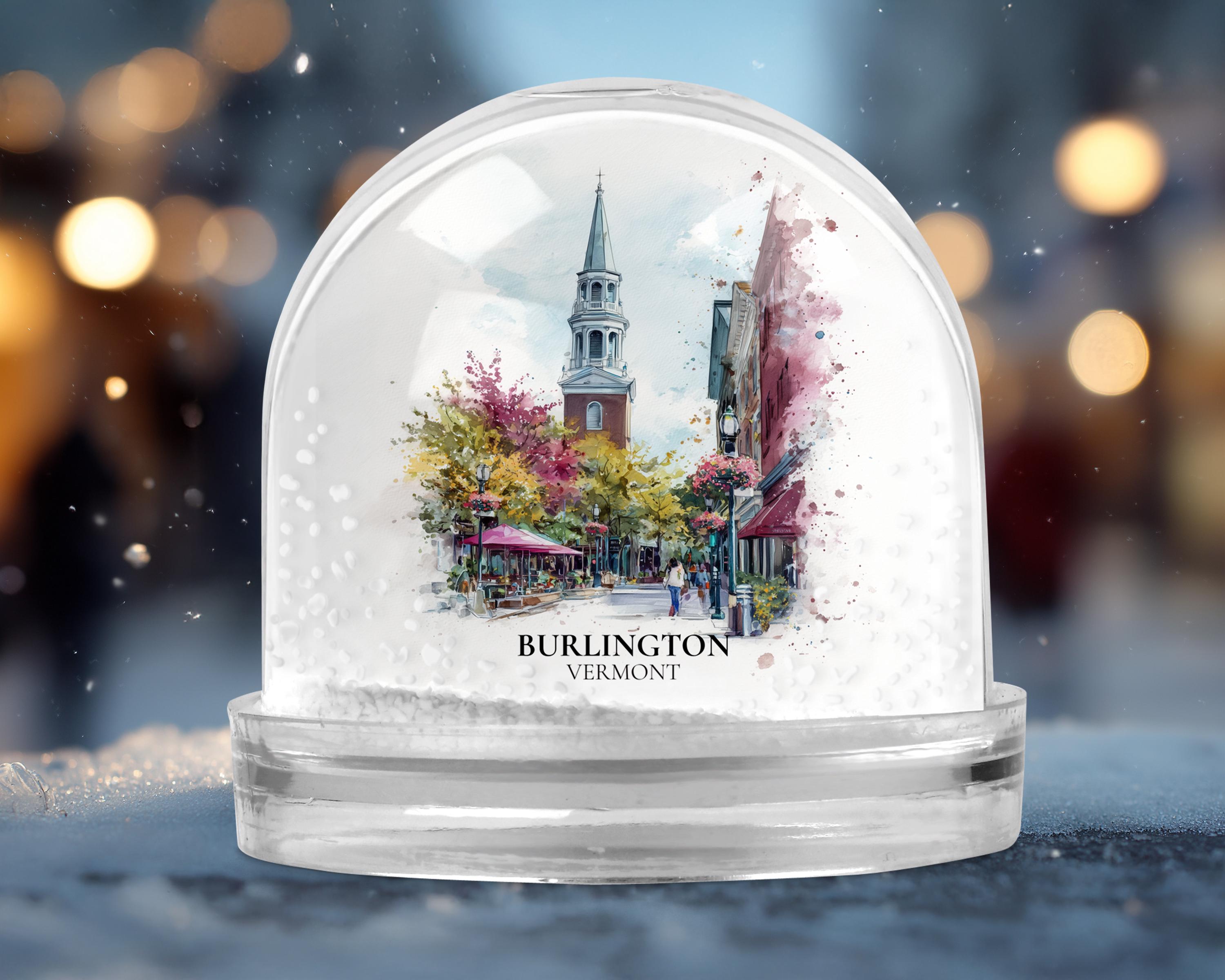 Burlington Vermont Snow Globe, Personalized Watercolor, Custom Travel Souvenir Keepsake City Dome