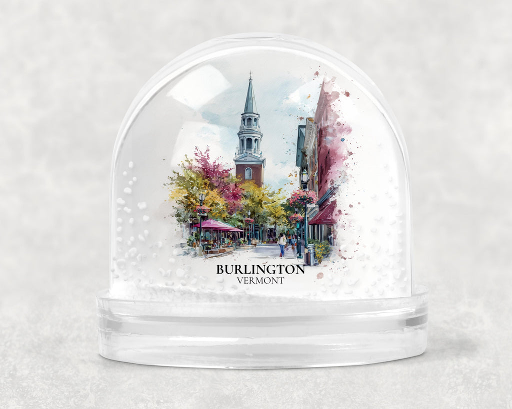 Burlington Vermont Snow Globe, Personalized Watercolor, Custom Travel Souvenir Keepsake City Dome
