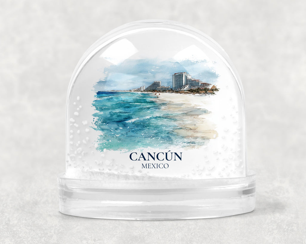 Cancun Mexico Snow Globe, Personalized Watercolor, Custom Travel Souvenir Keepsake City Dome