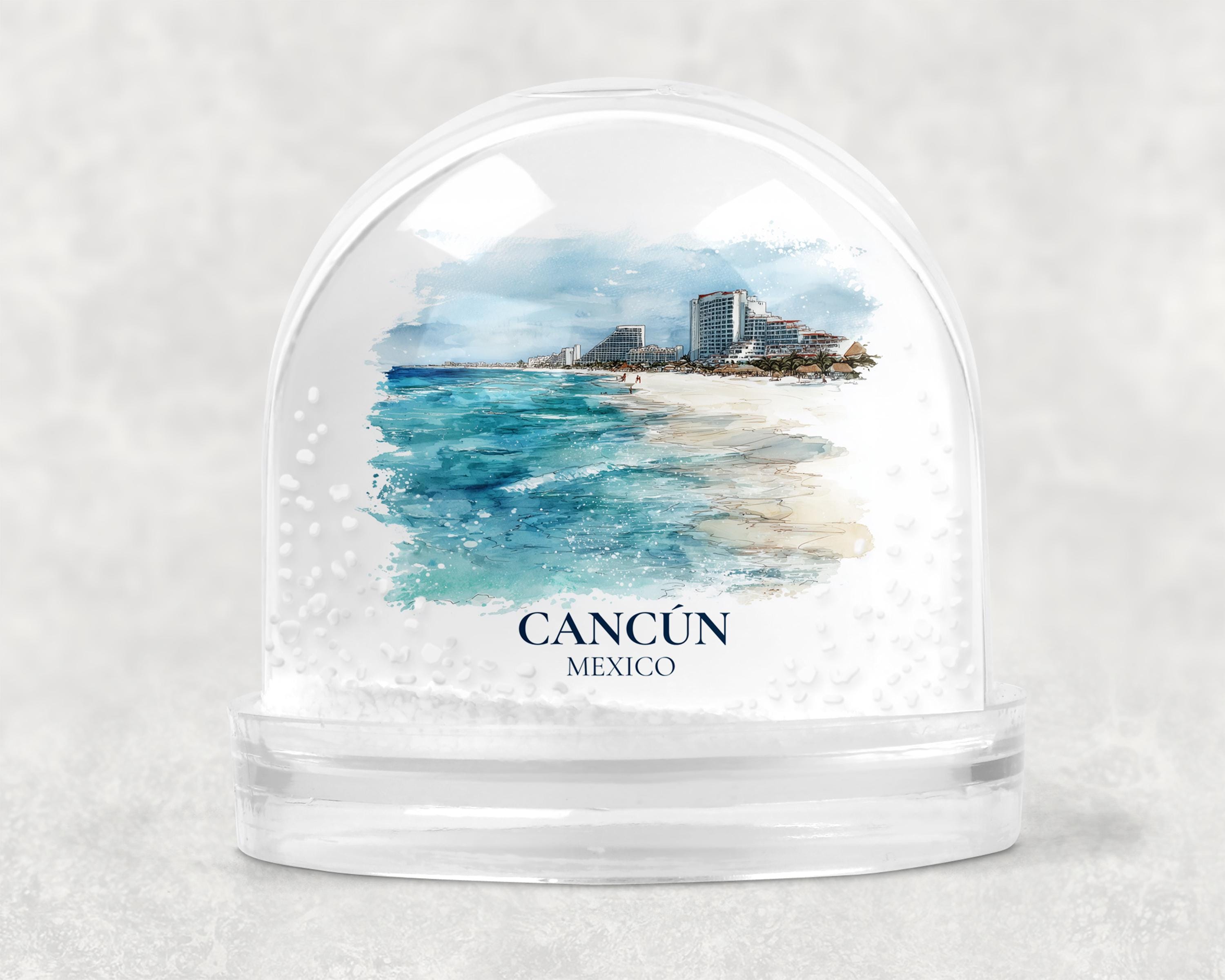 Cancun Mexico Snow Globe, Personalized Watercolor, Custom Travel Souvenir Keepsake City Dome