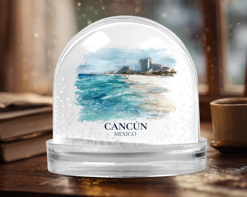 Cancun Mexico Snow Globe, Personalized Watercolor, Custom Travel Souvenir Keepsake City Dome