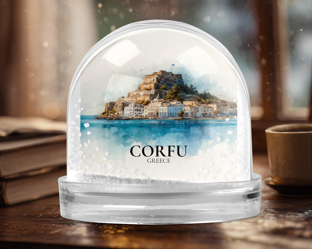Corfu Greece Snow Globe, Personalized Watercolor, Custom Travel Souvenir Keepsake City Dome