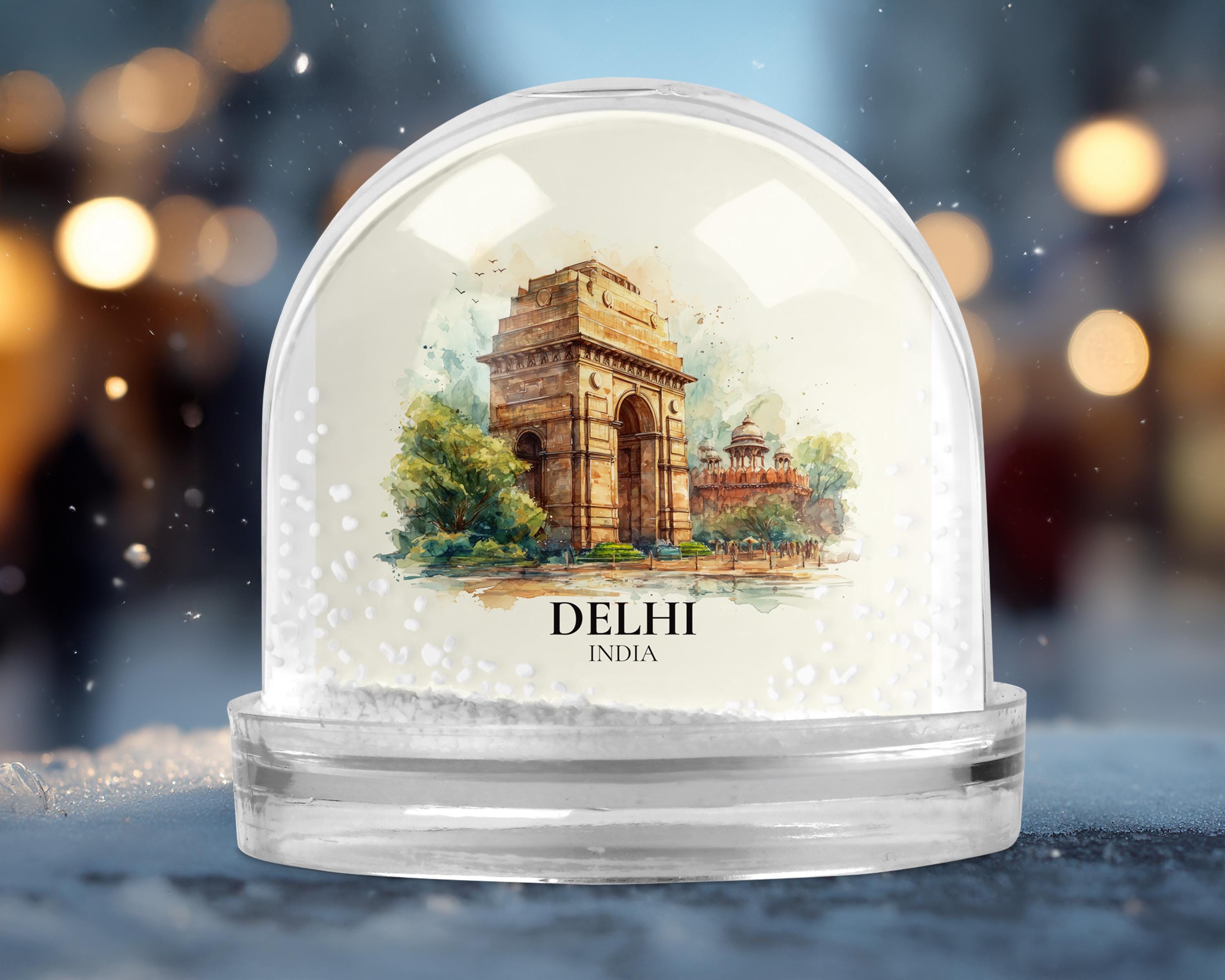 Delhi India Snow Globe, Personalized Watercolor, Custom Travel Souvenir Keepsake City Dome