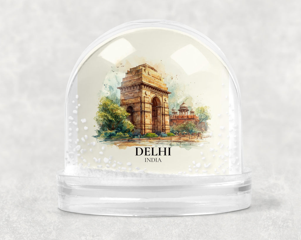 Delhi India Snow Globe, Personalized Watercolor, Custom Travel Souvenir Keepsake City Dome