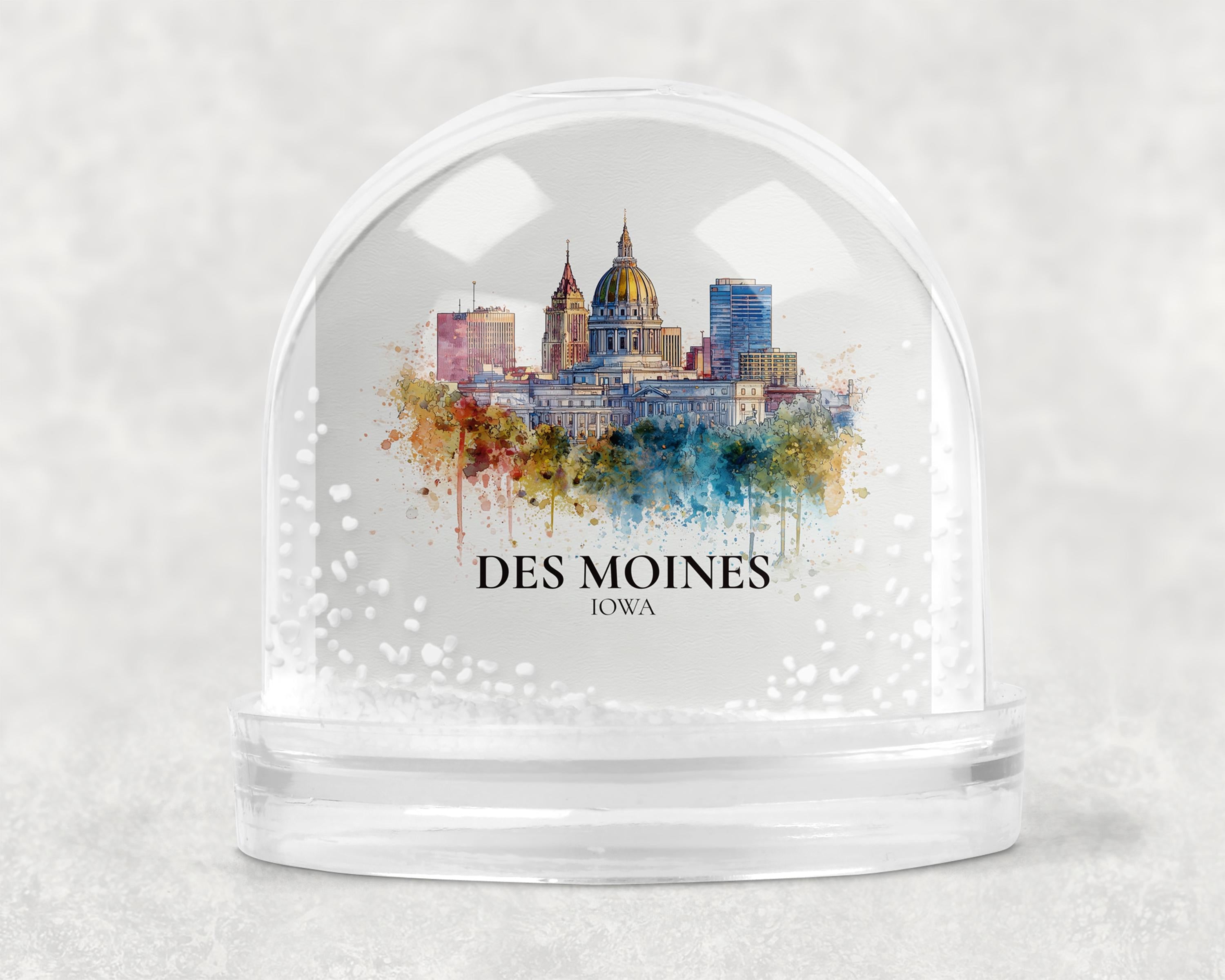 Des Moines Iowa Snow Globe, Personalized Watercolor, Custom Travel Souvenir Keepsake City Dome