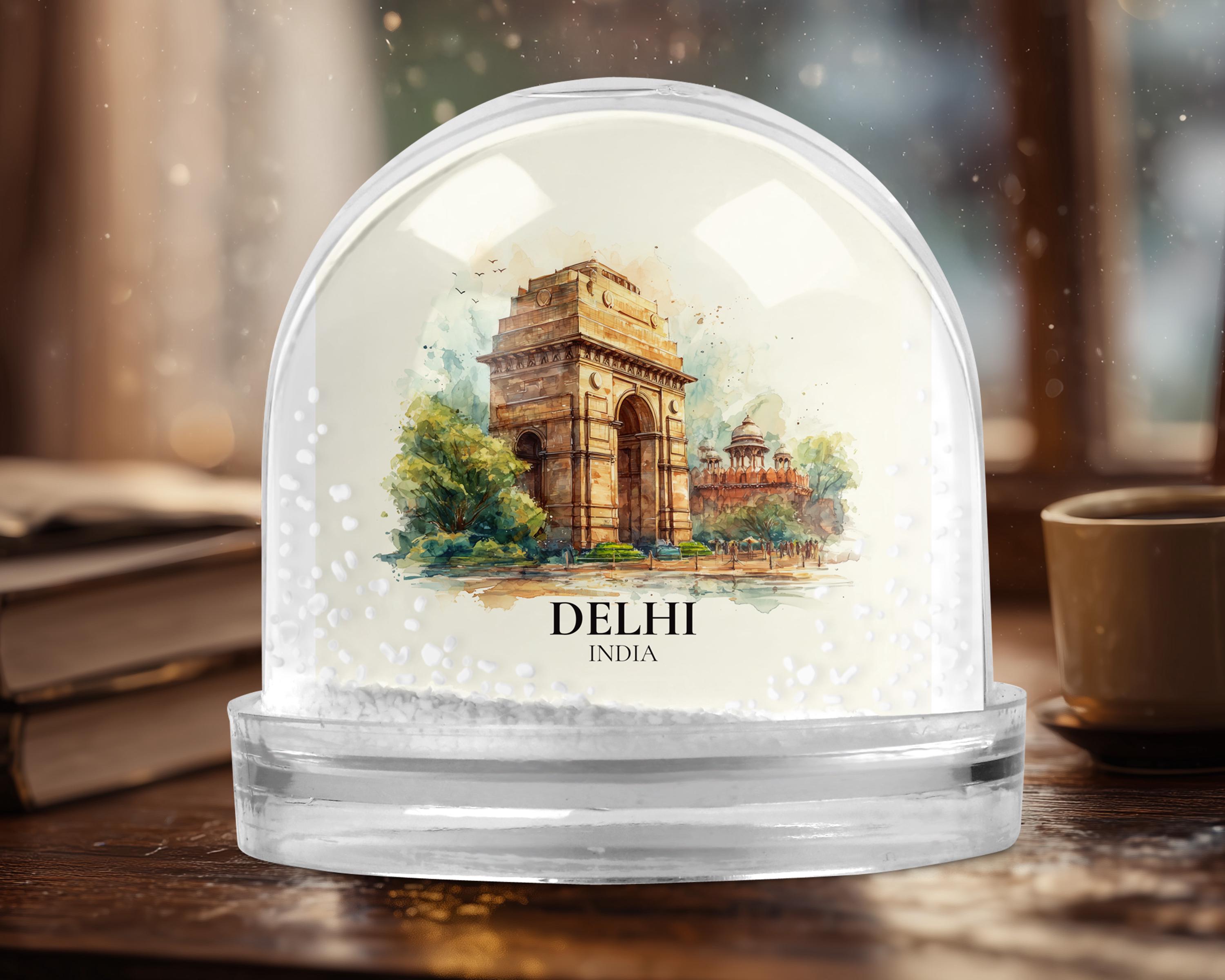 Delhi India Snow Globe, Personalized Watercolor, Custom Travel Souvenir Keepsake City Dome