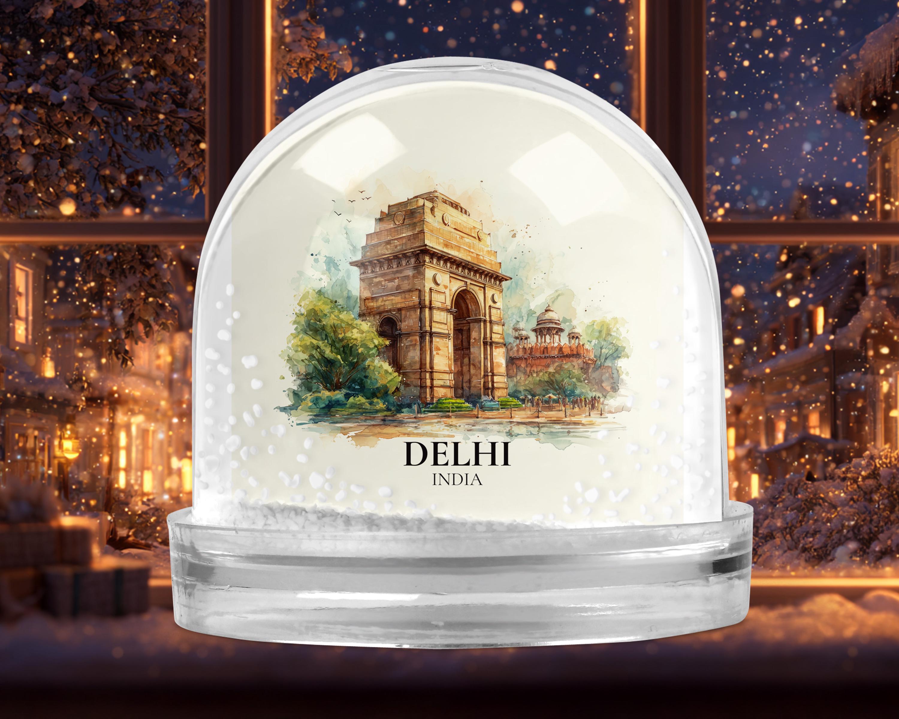 Delhi India Snow Globe, Personalized Watercolor, Custom Travel Souvenir Keepsake City Dome