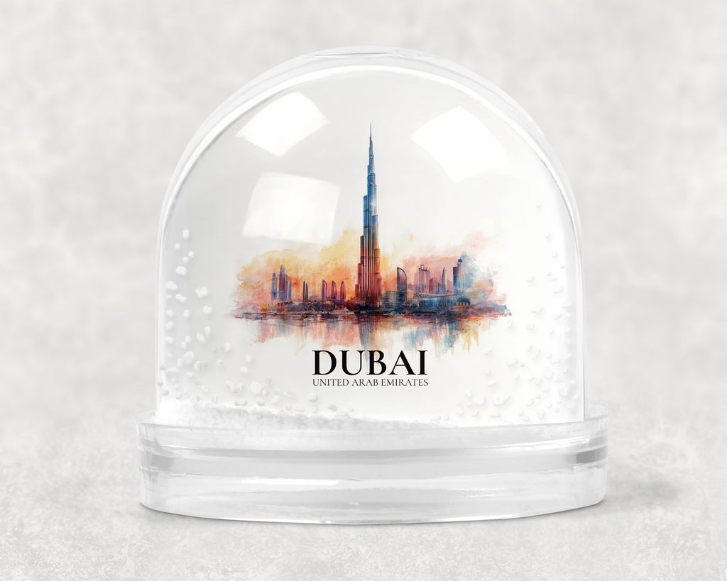 Dubai UAE Snow Globe, Personalized Watercolor, Custom Travel Souvenir Keepsake City Dome