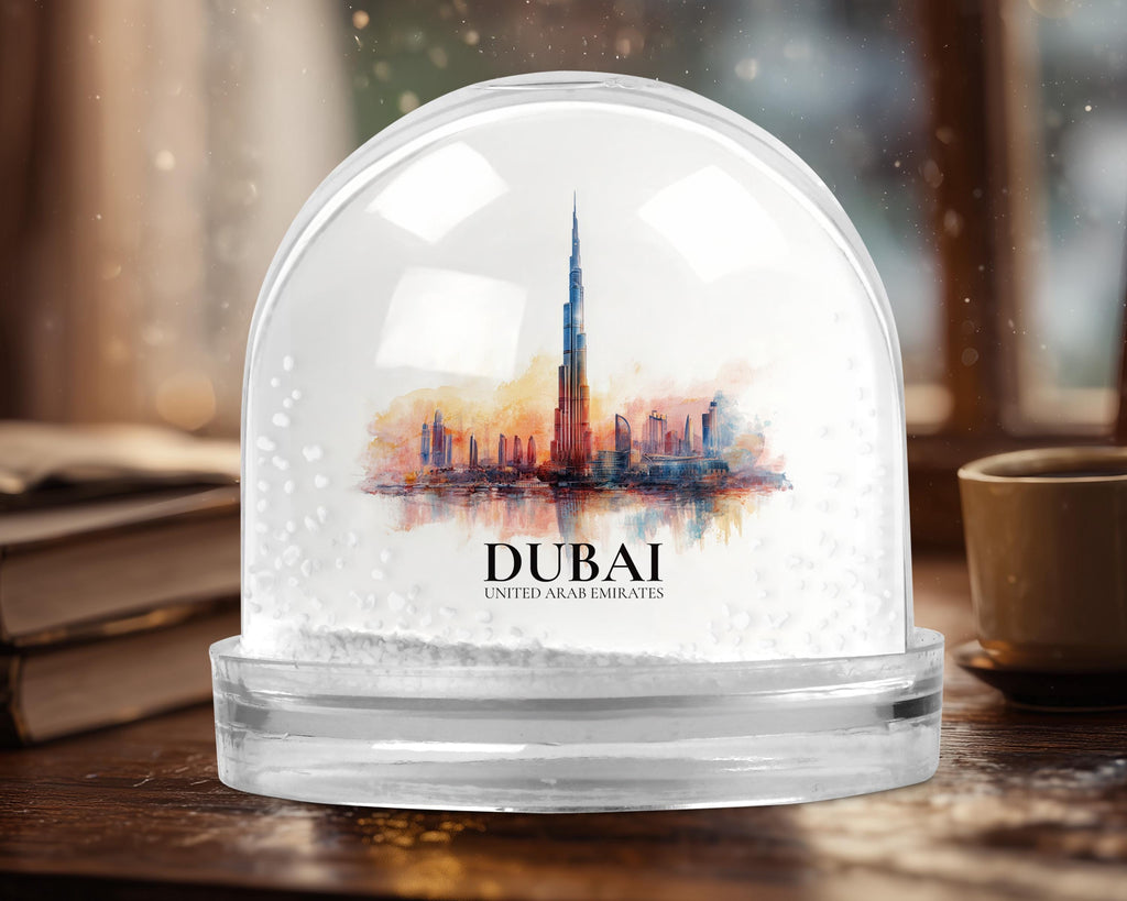 Dubai UAE Snow Globe, Personalized Watercolor, Custom Travel Souvenir Keepsake City Dome