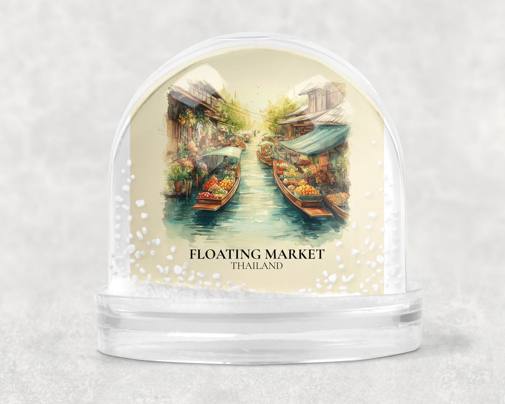 Floating Market Thailand Snow Globe, Personalized Watercolor, Custom Travel Souvenir Keepsake City Dome