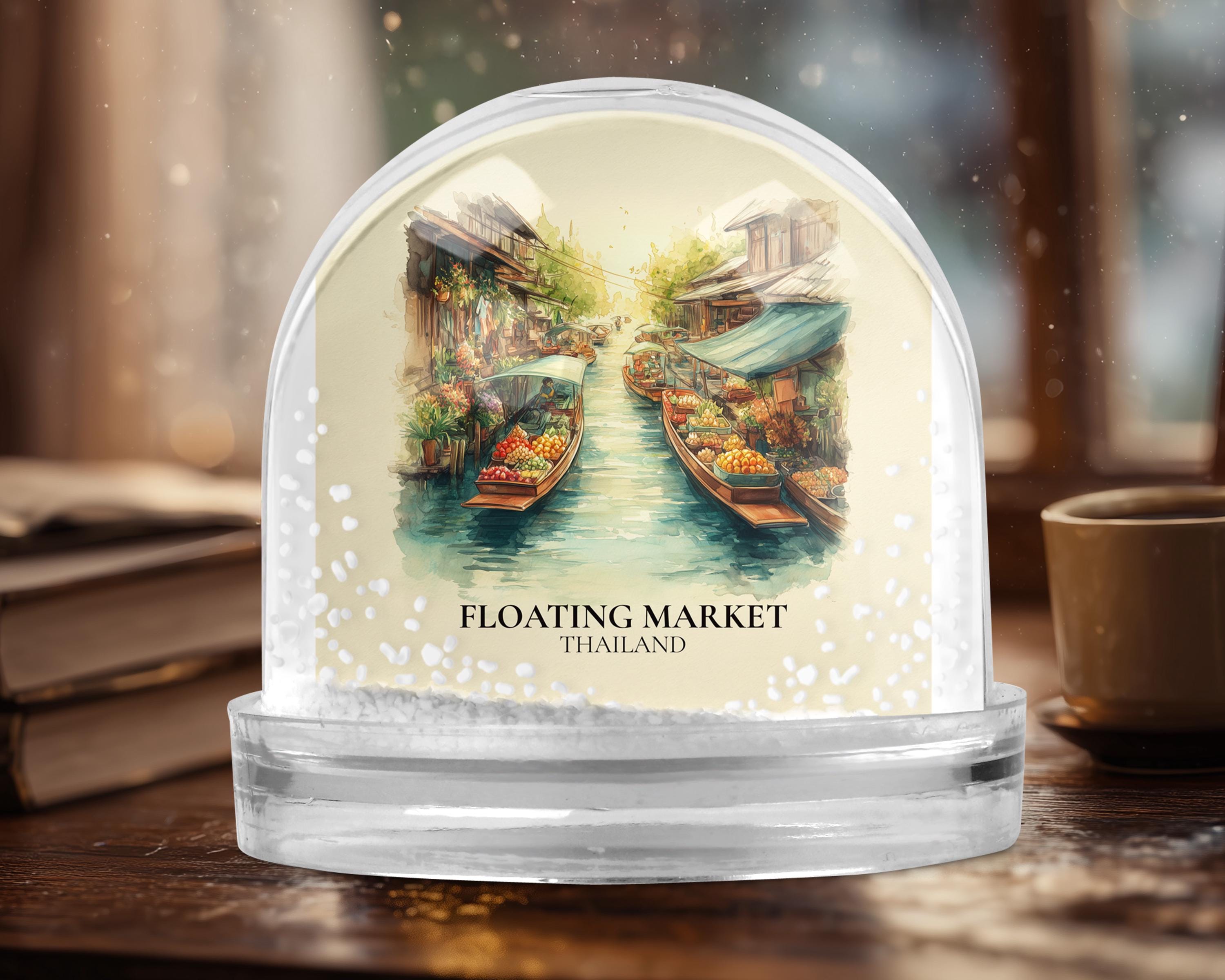 Floating Market Thailand Snow Globe, Personalized Watercolor, Custom Travel Souvenir Keepsake City Dome