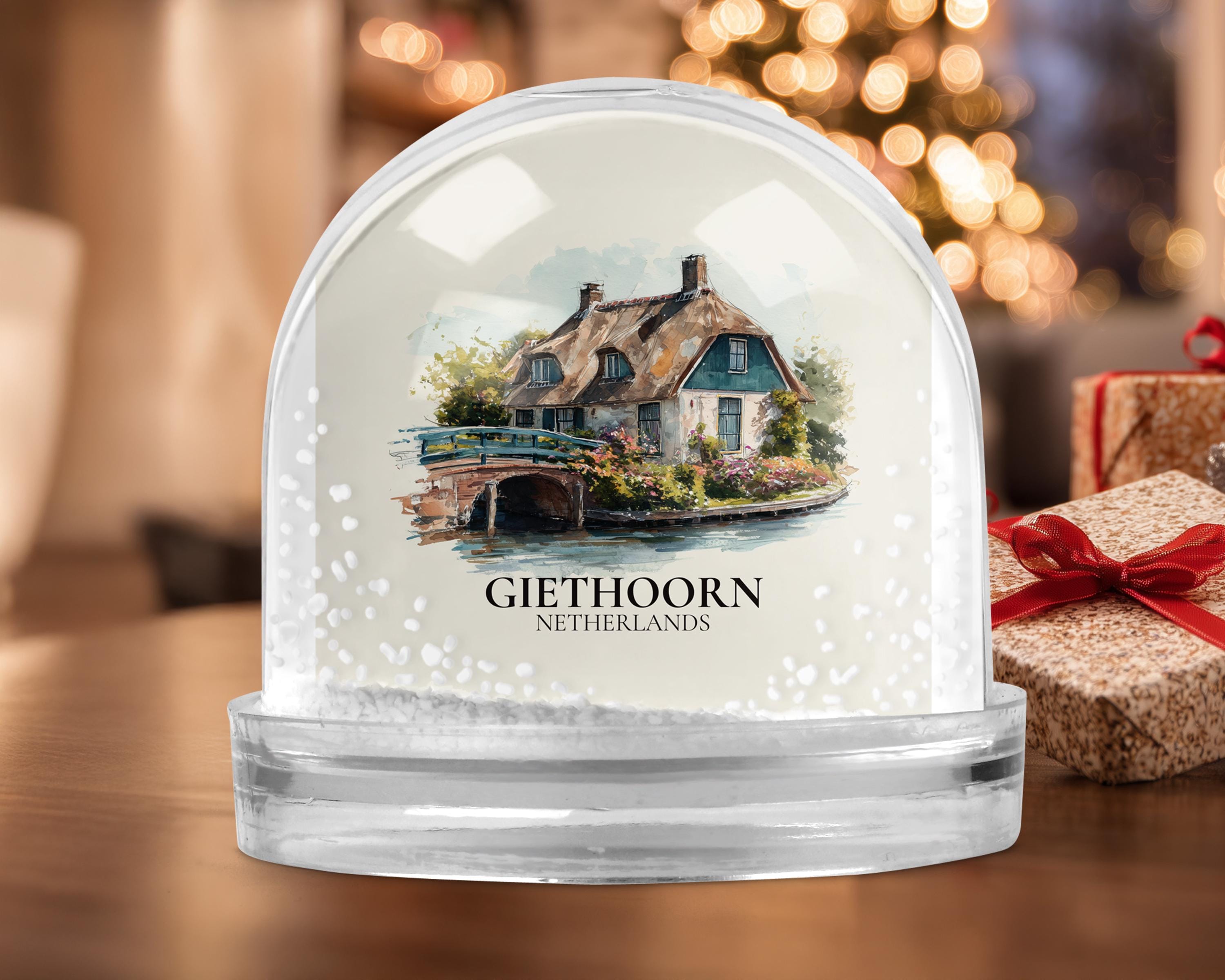 Giethoorn Netherlands Snow Globe, Personalized Watercolor, Custom Travel Souvenir Keepsake City Dome