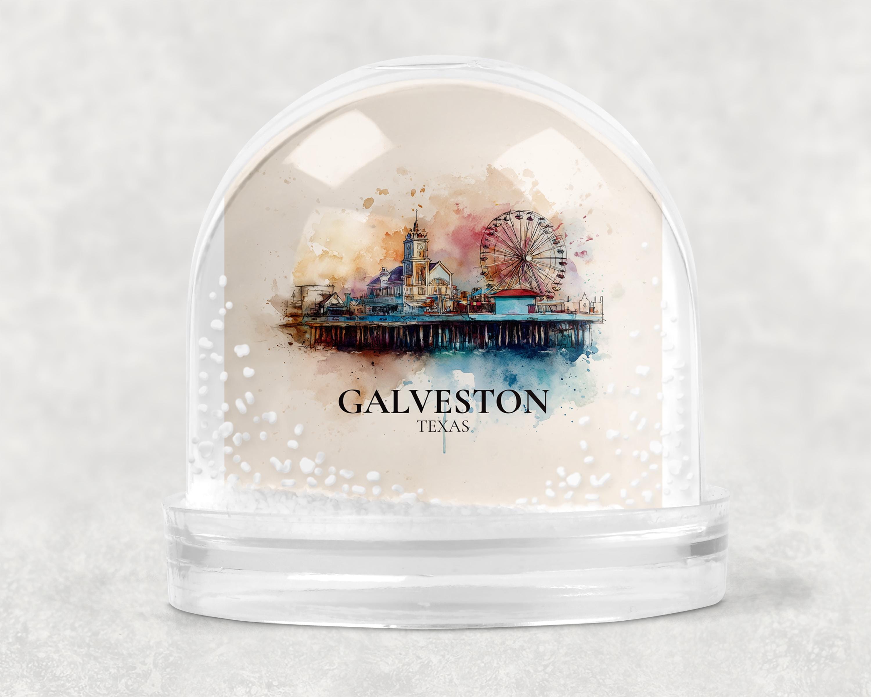 Galveston Texas Snow Globe, Personalized Watercolor, Custom Travel Souvenir Keepsake City Dome