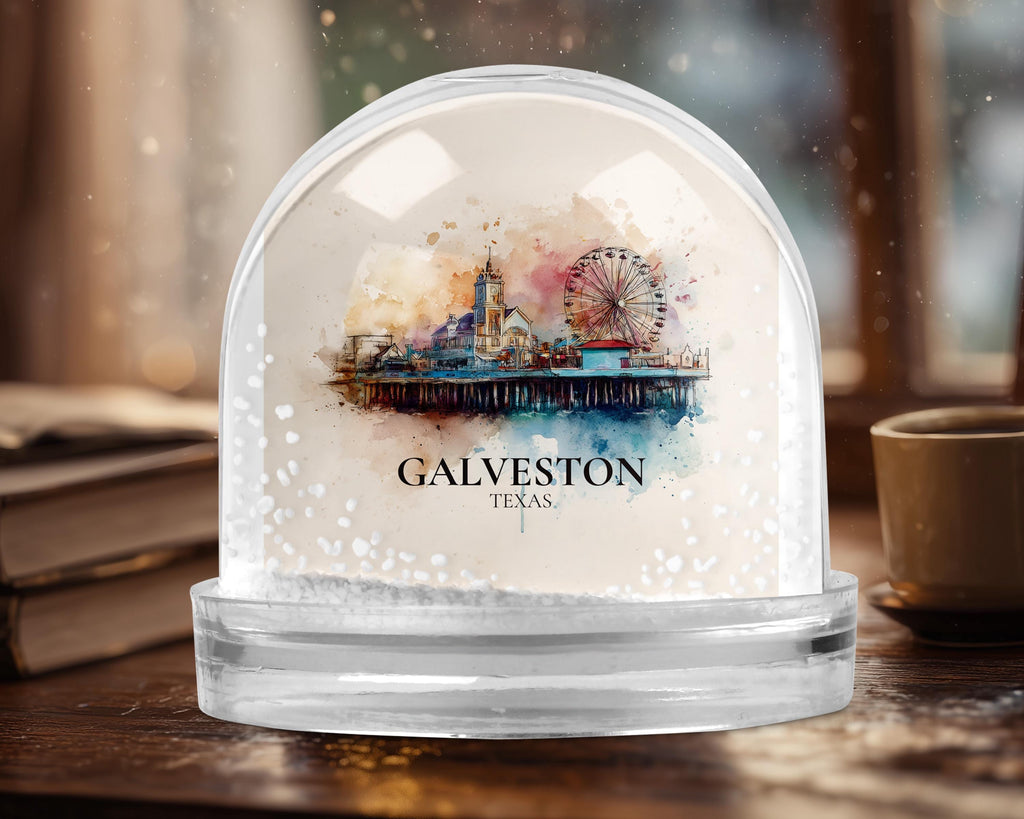 Galveston Texas Snow Globe, Personalized Watercolor, Custom Travel Souvenir Keepsake City Dome