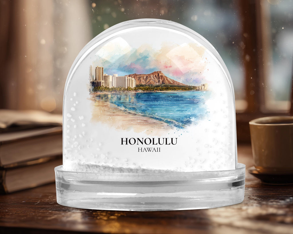 Honolulu Hawaii Snow Globe, Personalized Watercolor, Custom Travel Souvenir Keepsake City Dome