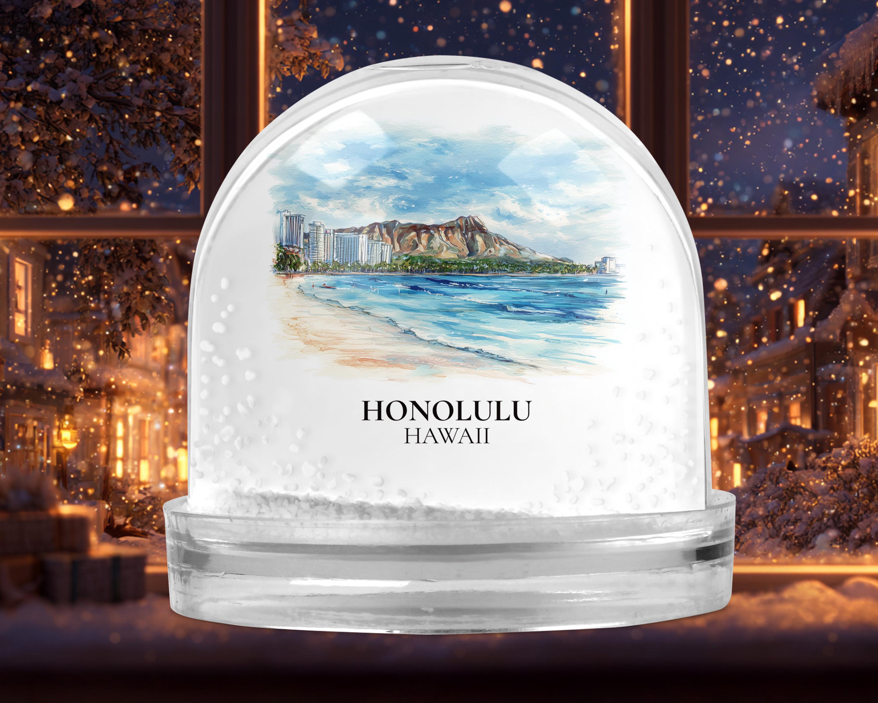 Honolulu Snow Globe Hawaii, Personalized Watercolor, Custom Travel Souvenir Keepsake City Dome