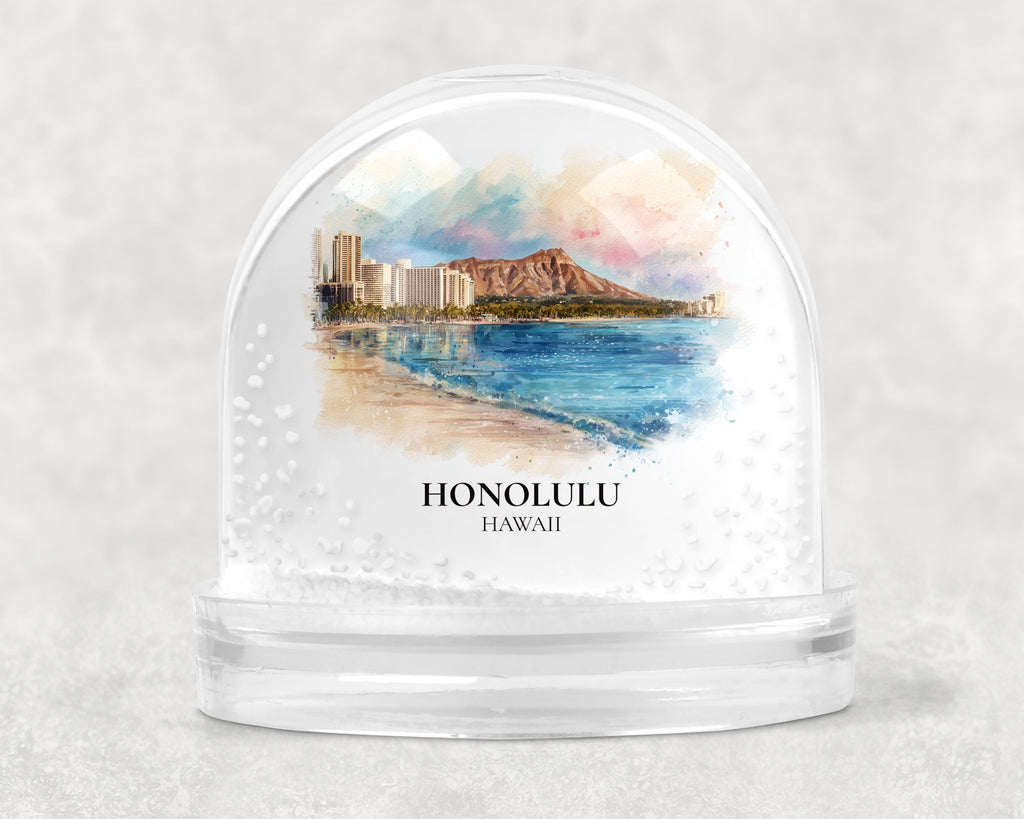 Honolulu Hawaii Snow Globe, Personalized Watercolor, Custom Travel Souvenir Keepsake City Dome