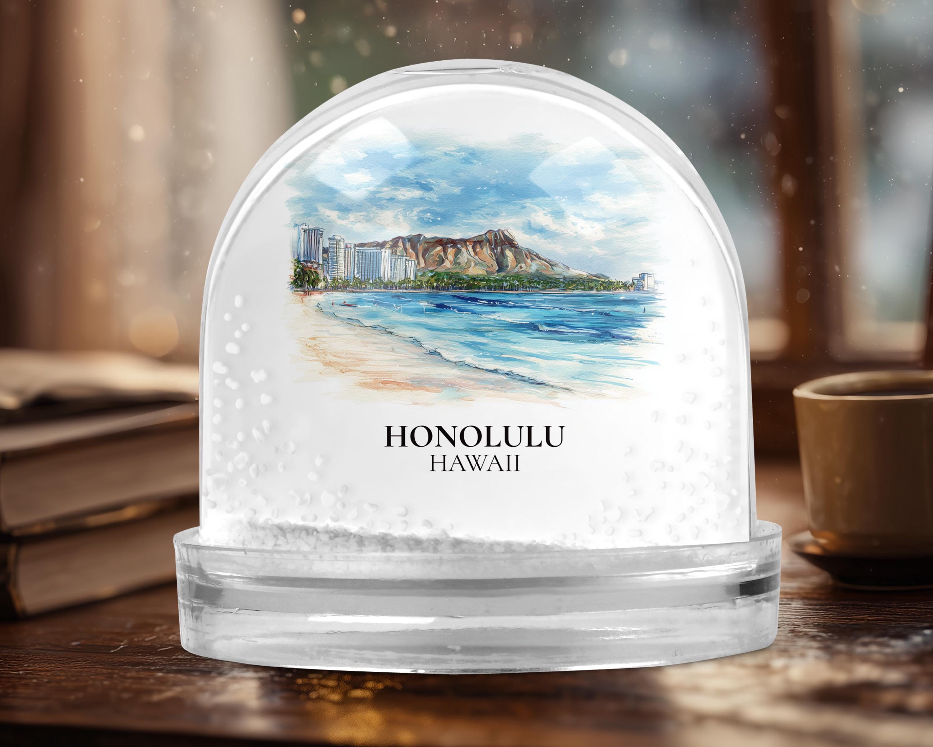 Honolulu Snow Globe Hawaii, Personalized Watercolor, Custom Travel Souvenir Keepsake City Dome