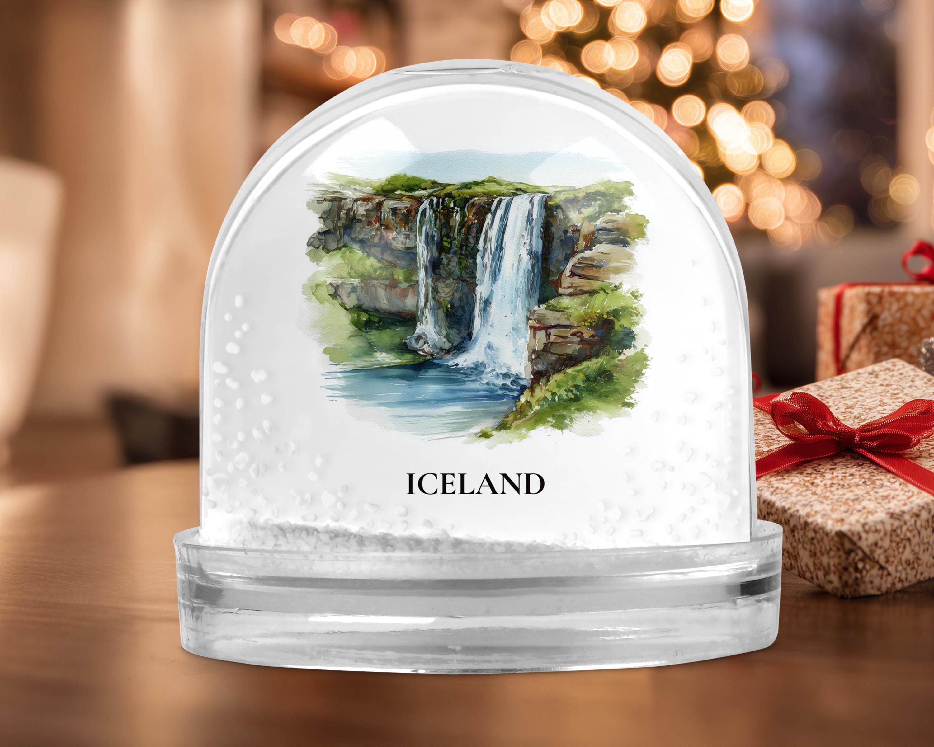 Iceland Waterfalls Snow Globe, Personalized Watercolor, Custom Travel Souvenir Keepsake City Dome
