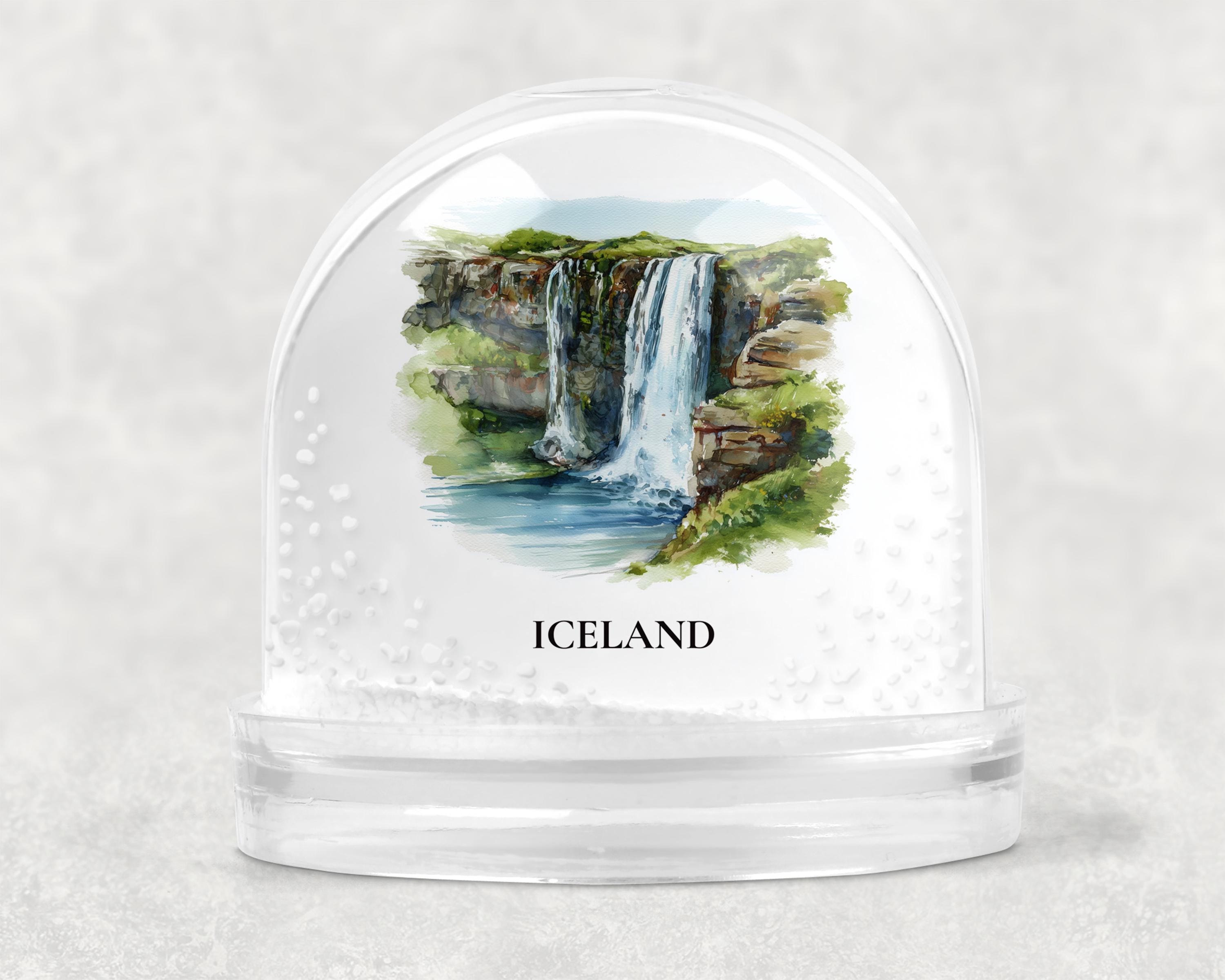 Iceland Waterfalls Snow Globe, Personalized Watercolor, Custom Travel Souvenir Keepsake City Dome