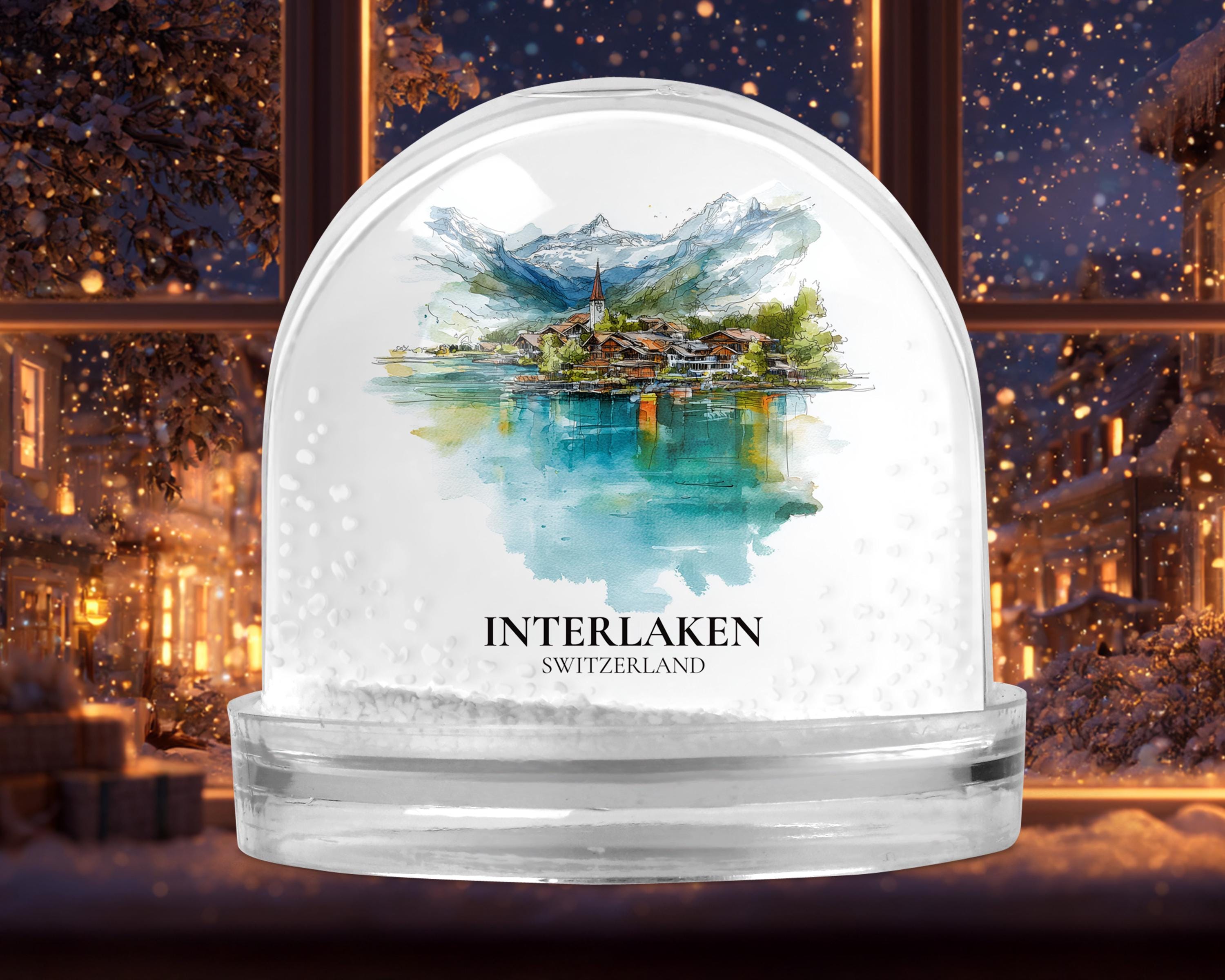 Interlaken Switzerland Snow Globe, Personalized Watercolor, Custom Travel Souvenir Keepsake City Dome
