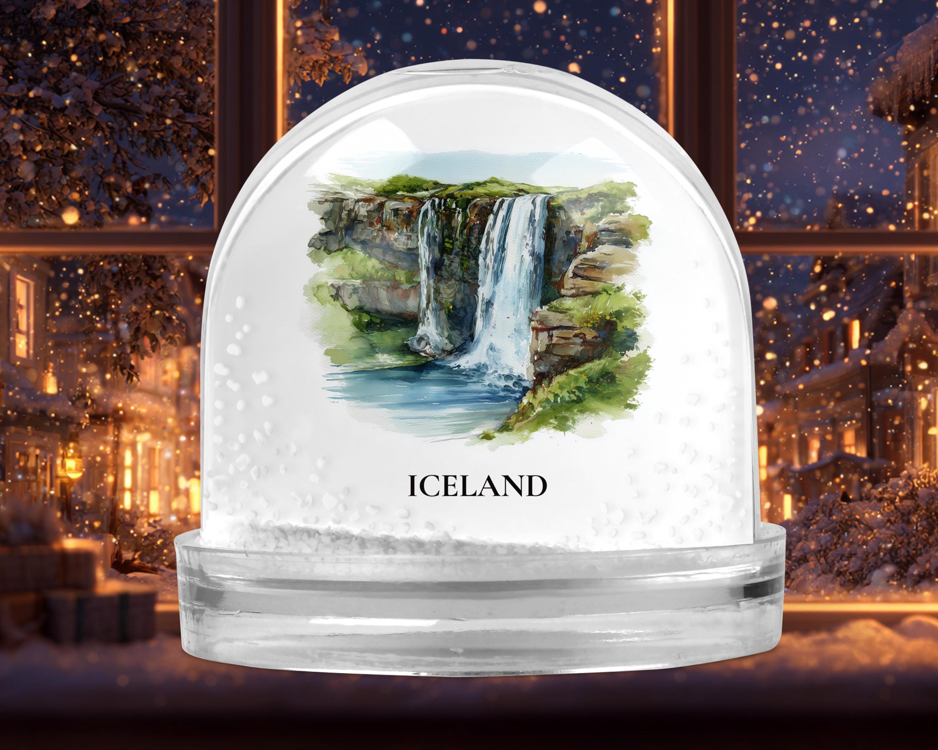 Iceland Waterfalls Snow Globe, Personalized Watercolor, Custom Travel Souvenir Keepsake City Dome