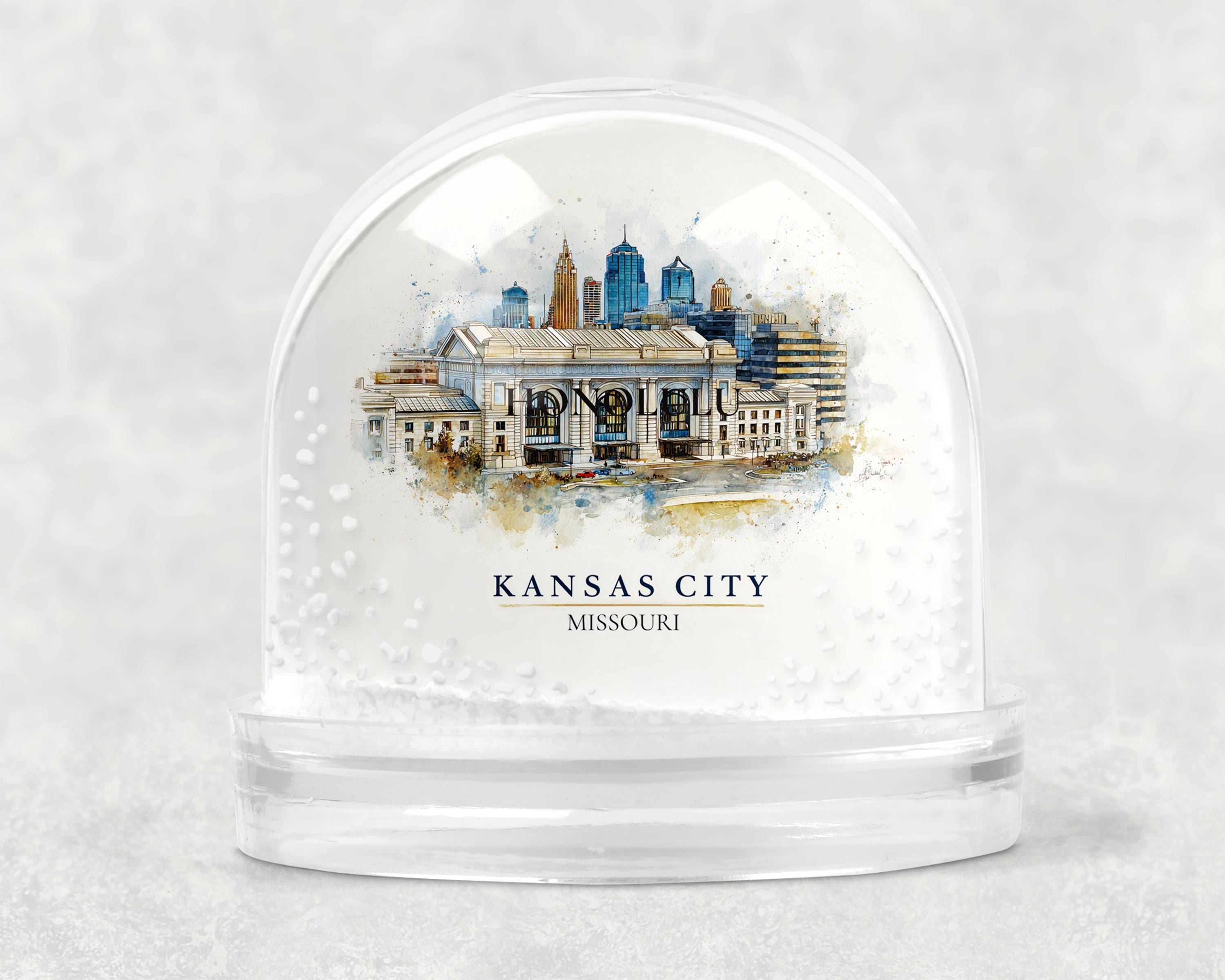 Kansas City Missouri Snow Globe, Personalized Watercolor, Custom Travel Souvenir Keepsake City Dome