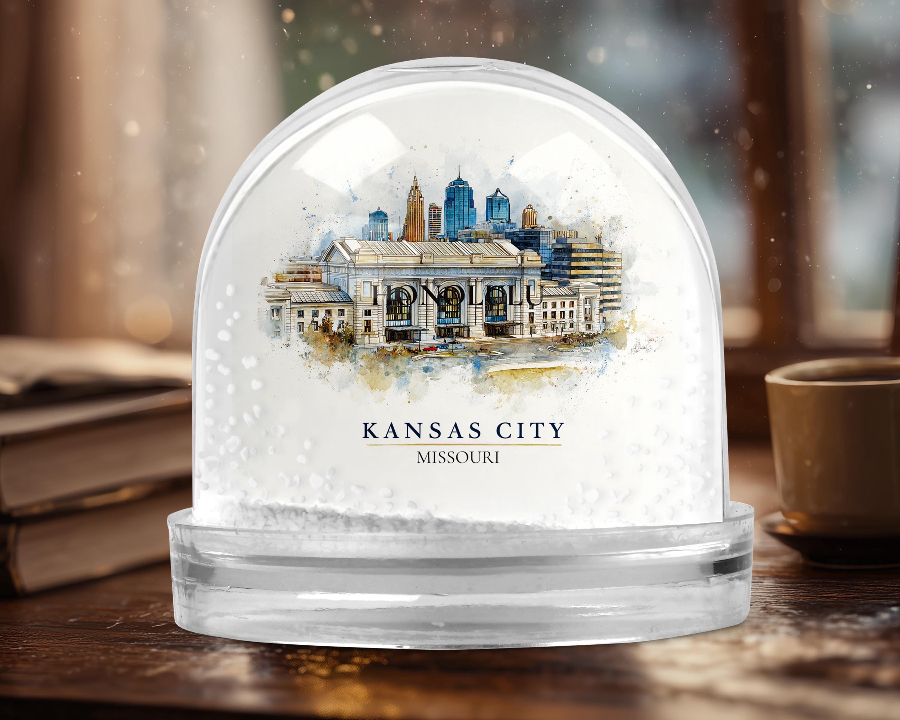 Kansas City Missouri Snow Globe, Personalized Watercolor, Custom Travel Souvenir Keepsake City Dome