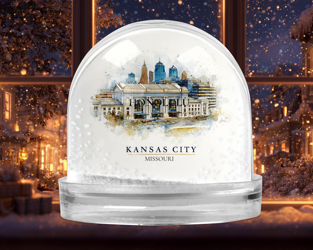 Kansas City Missouri Snow Globe, Personalized Watercolor, Custom Travel Souvenir Keepsake City Dome
