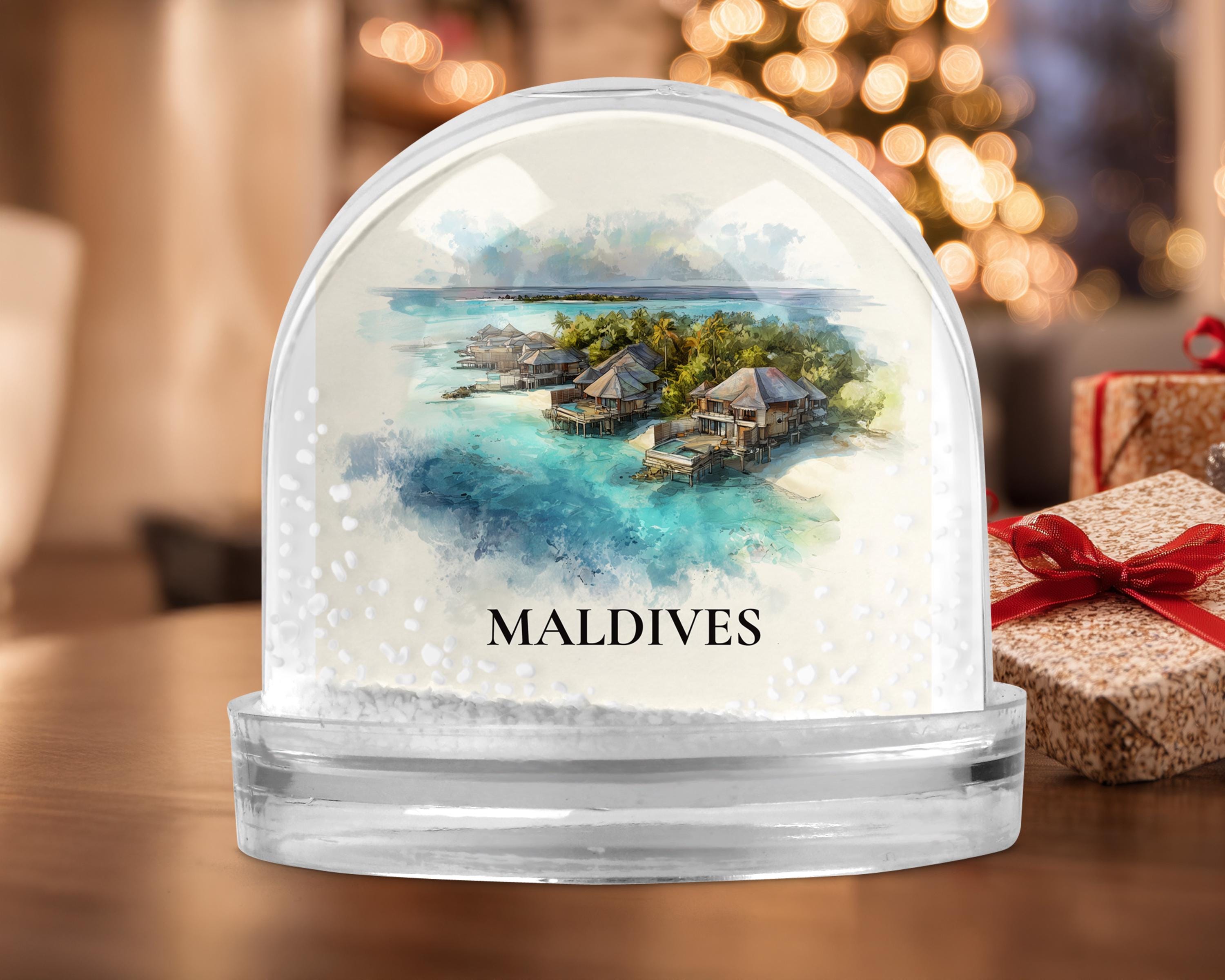Maldives Snow Globe, Personalized Watercolor, Custom Travel Souvenir Keepsake City Dome