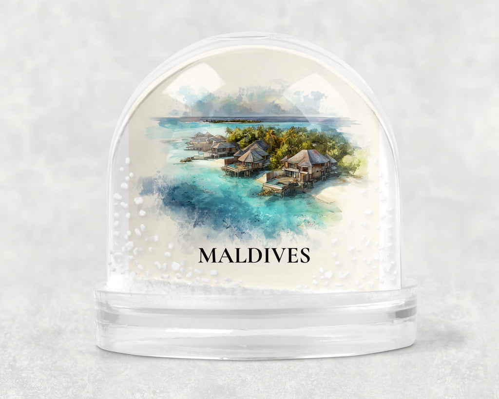 Maldives Snow Globe, Personalized Watercolor, Custom Travel Souvenir Keepsake City Dome