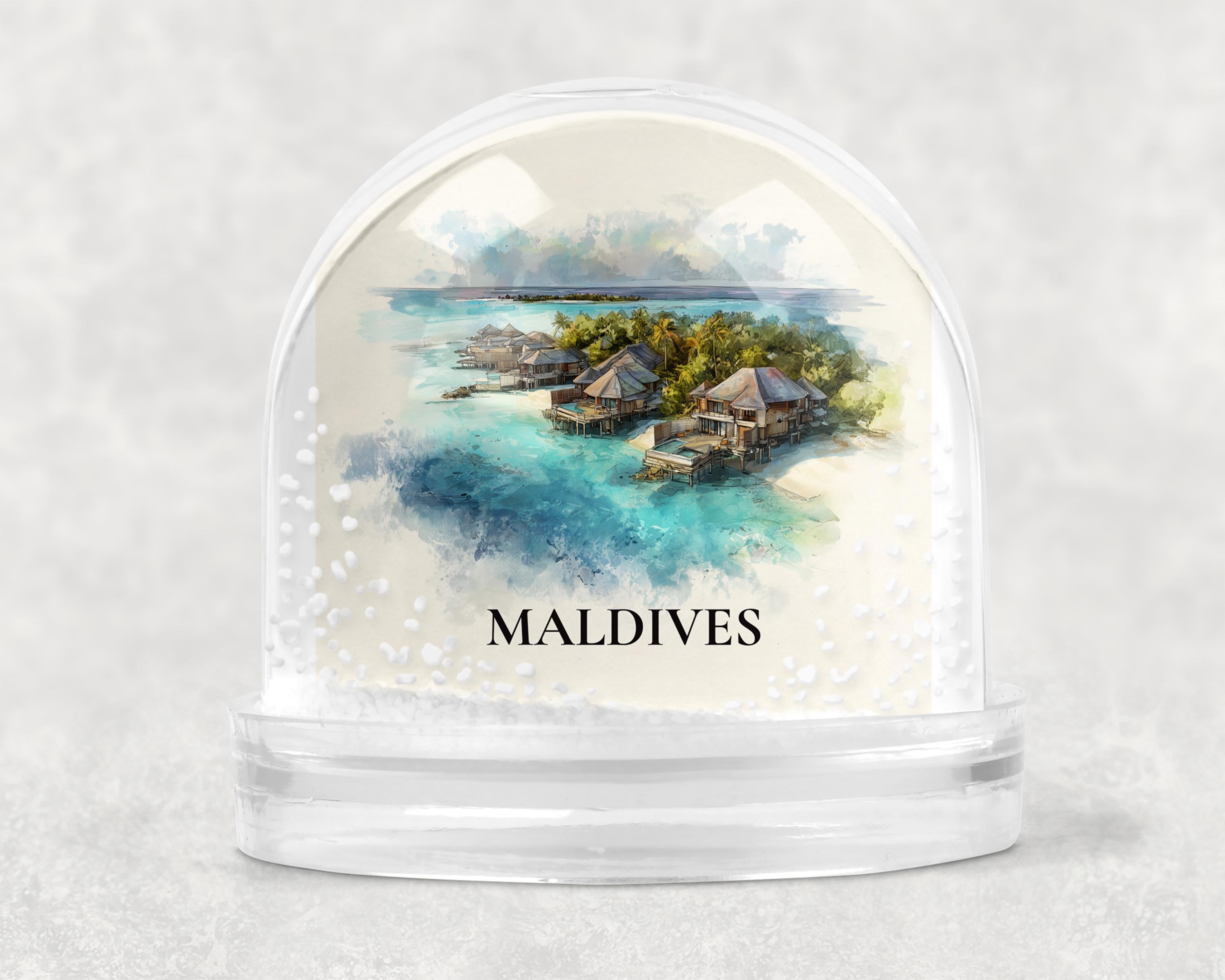 Maldives Snow Globe, Personalized Watercolor, Custom Travel Souvenir Keepsake City Dome