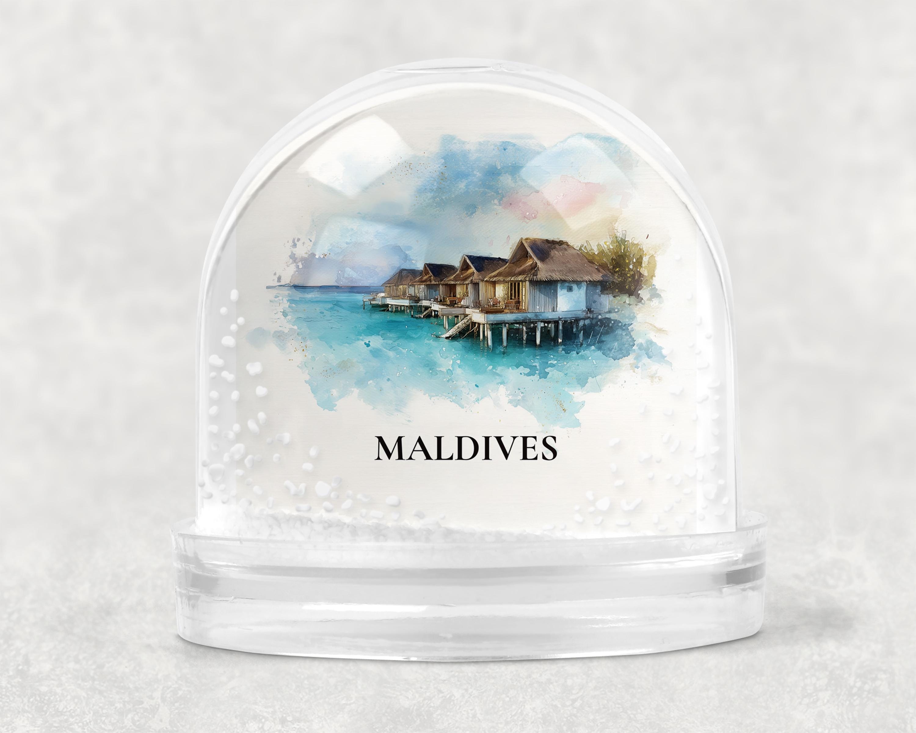 Maldives Snow Globe, Custom Watercolor, Personalized Travel Souvenir Keepsake City Dome