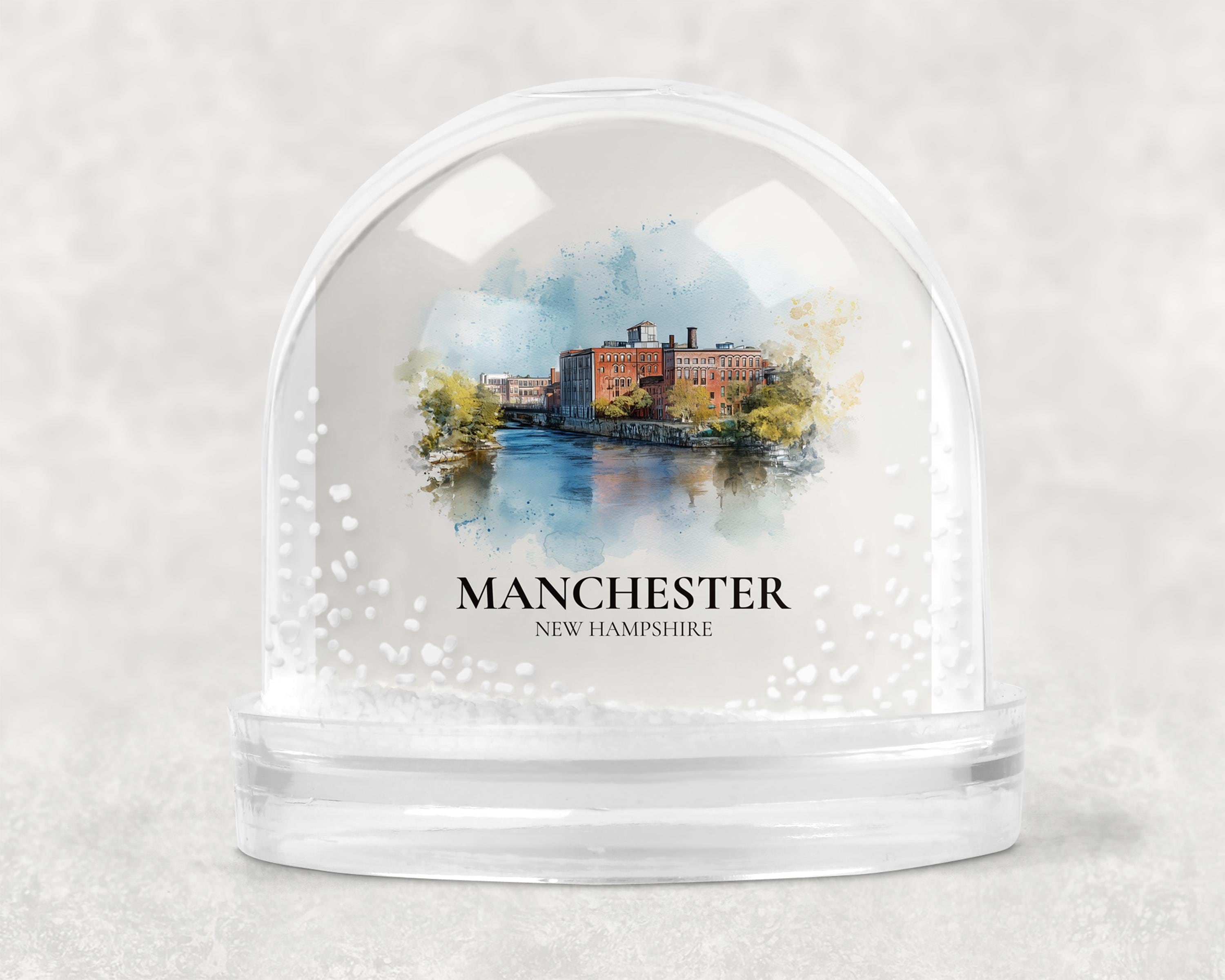 Manchester New Hampshire Snow Globe, Personalized Watercolor, Custom Travel Souvenir Keepsake City Dome