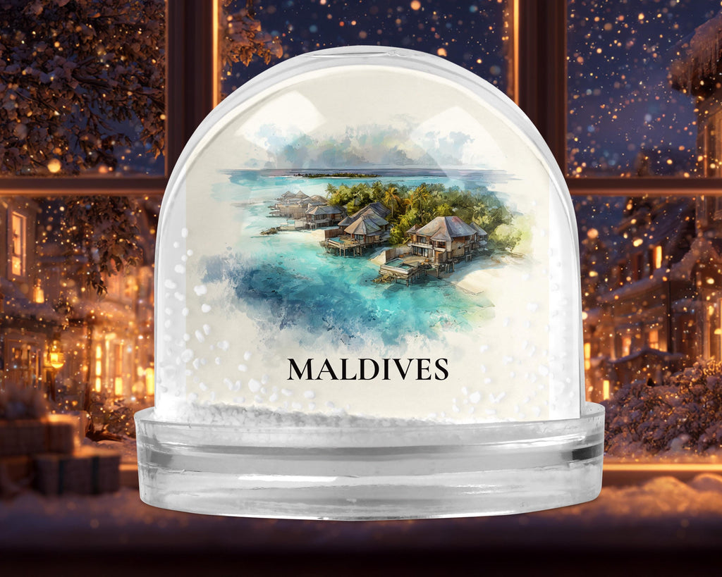 Maldives Snow Globe, Personalized Watercolor, Custom Travel Souvenir Keepsake City Dome