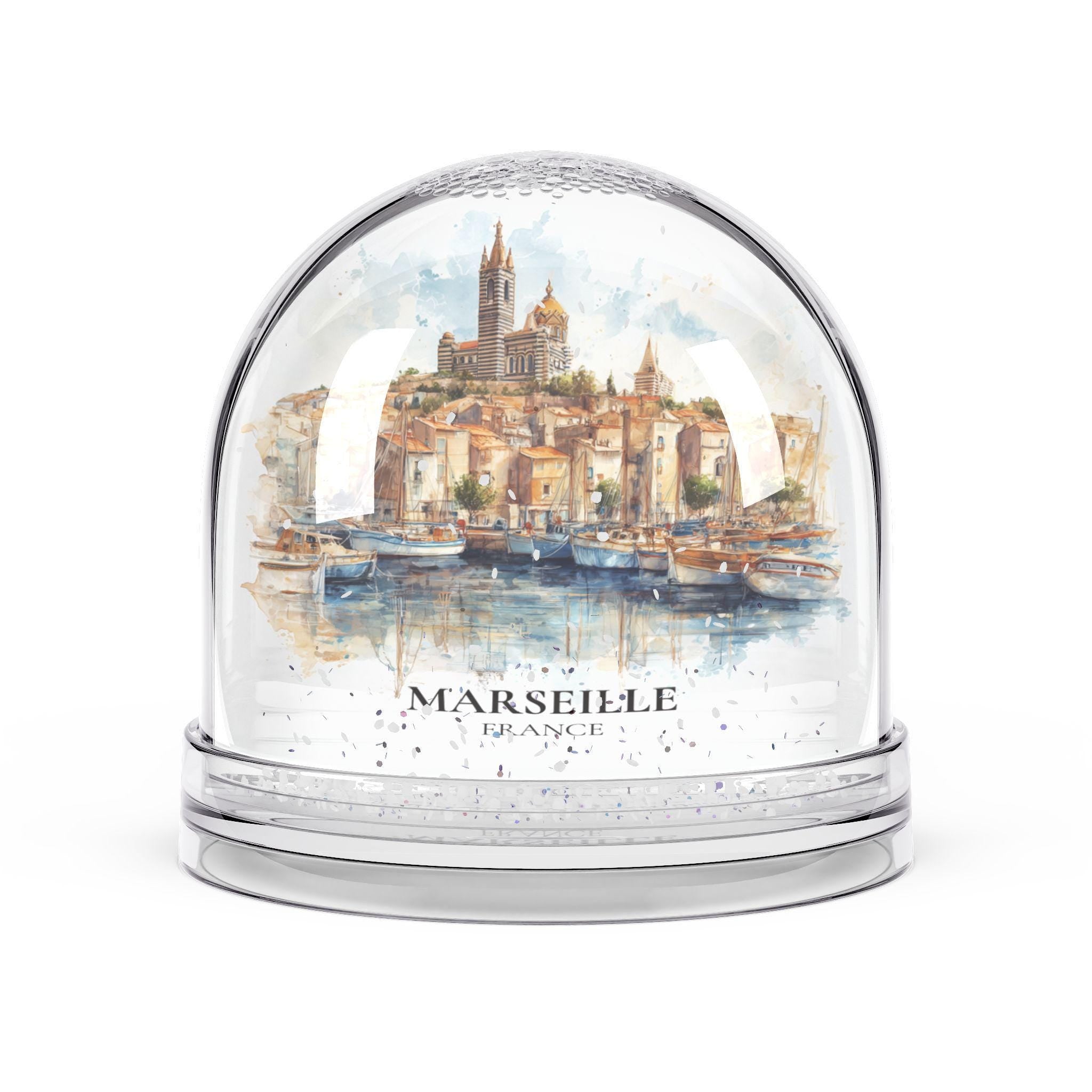 Marseille France Snow Globe, Personalized Watercolor, Custom Travel Souvenir Keepsake City Dome