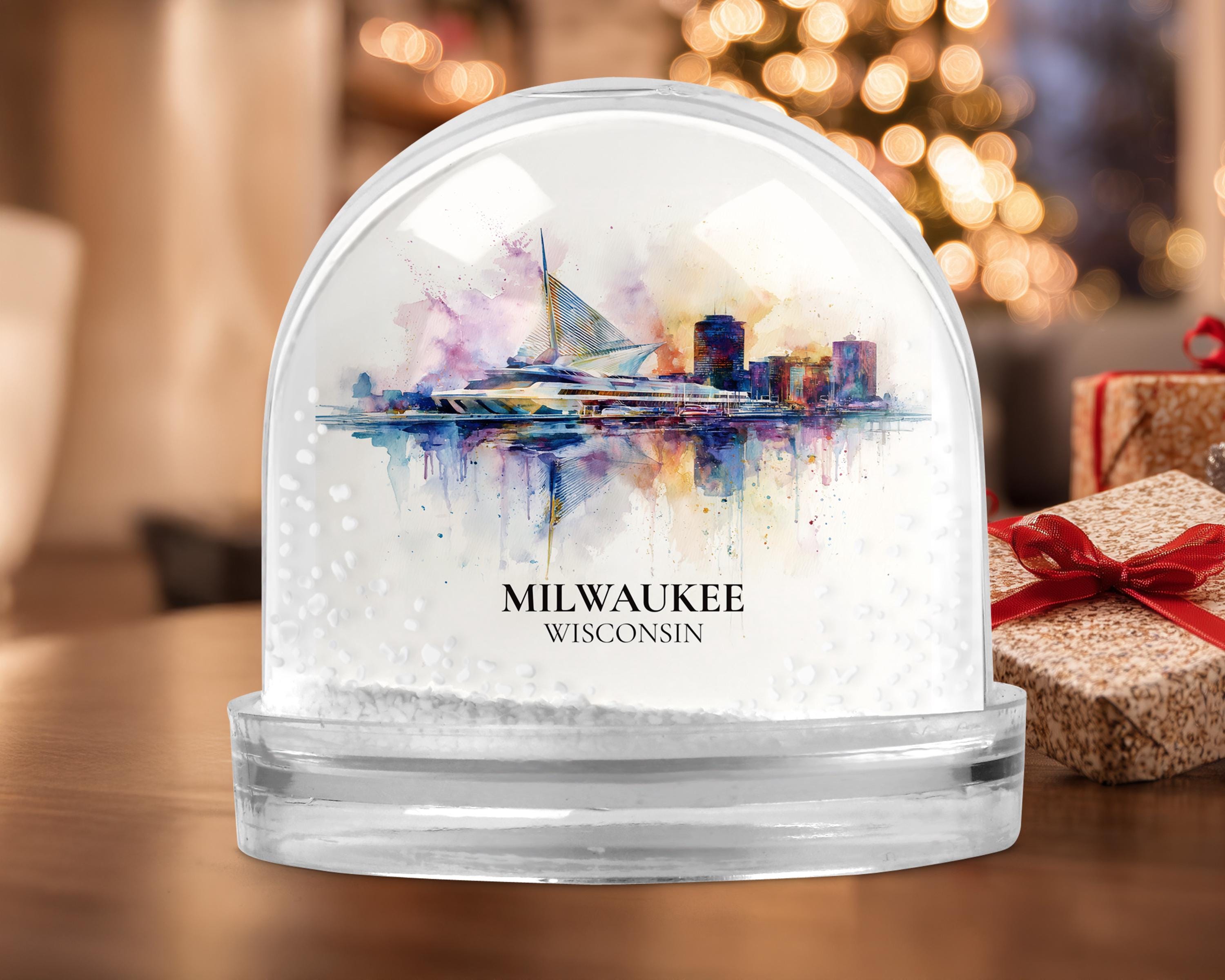 Milwaukee Wisconsin Snow Globe, Personalized Watercolor, Custom Travel Souvenir Keepsake City Dome