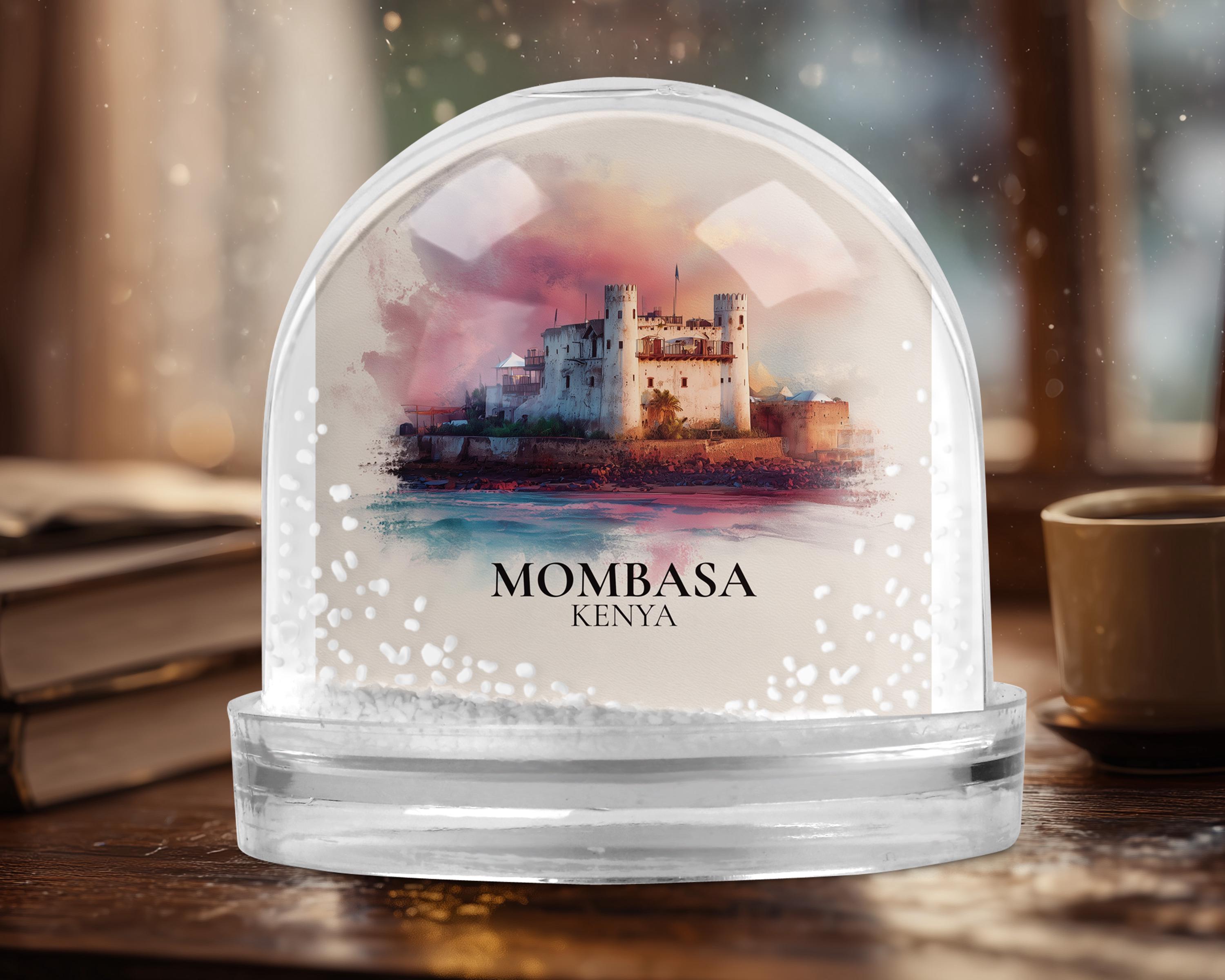 Mombasa Kenya Snow Globe, Personalized Watercolor, Custom Travel Souvenir Keepsake City Dome