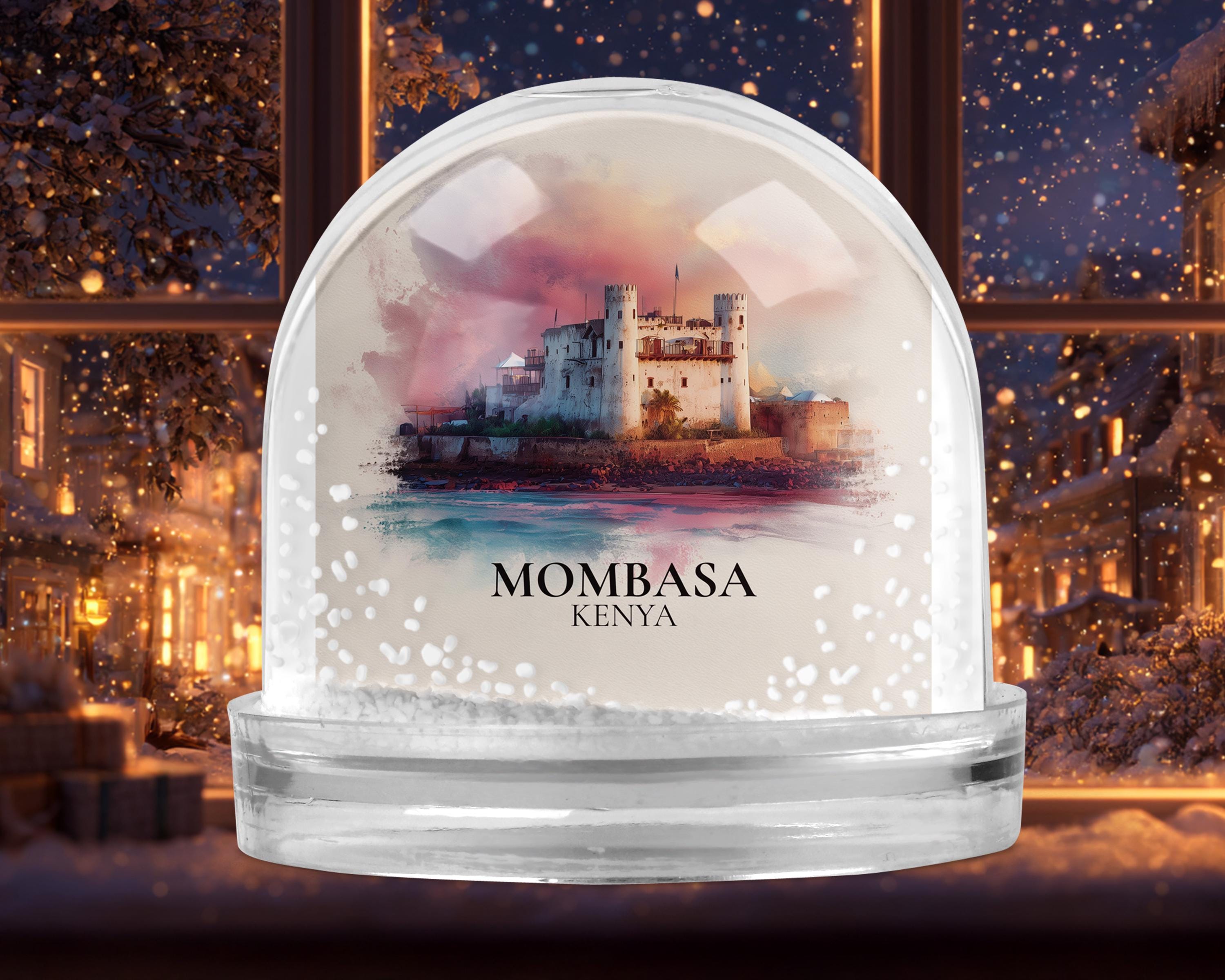 Mombasa Kenya Snow Globe, Personalized Watercolor, Custom Travel Souvenir Keepsake City Dome